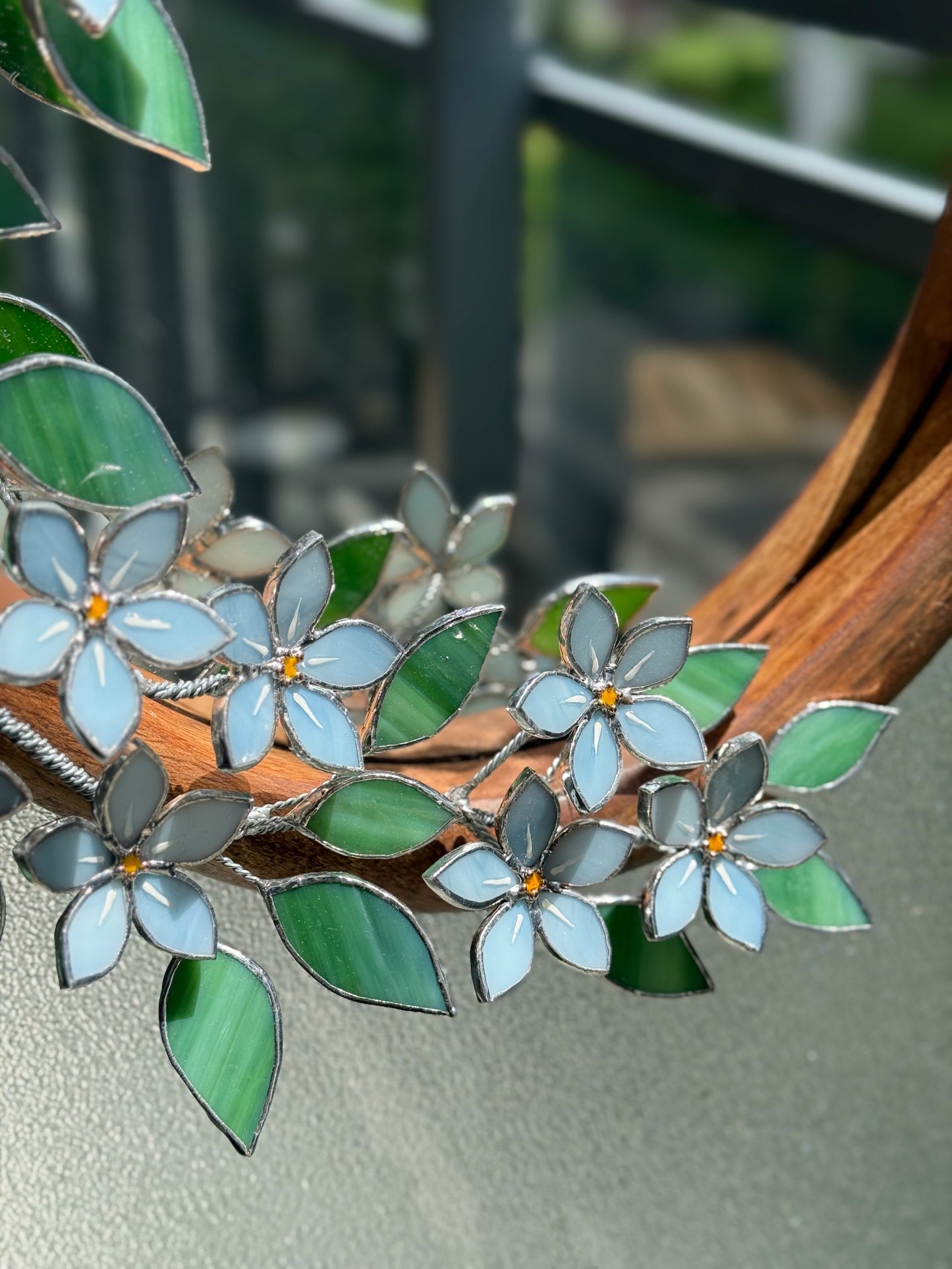 .Forget Me Nots Stained glass Wall Mirror, 3D Botanical Floral Art ready