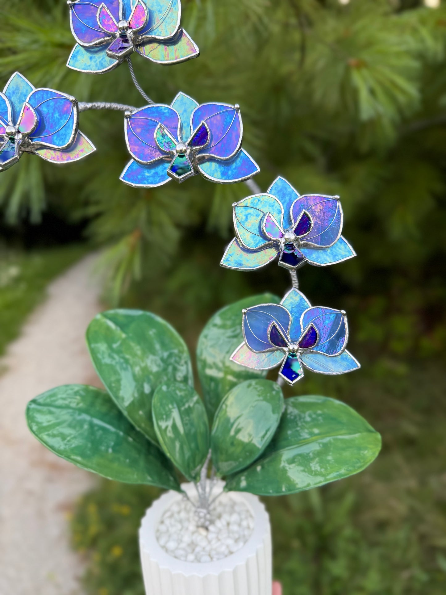 .Blue lavender Orchid, WITH RESIN LEAVES, 5 Flowers, Handmade Stained Glass Botanical Art Decor