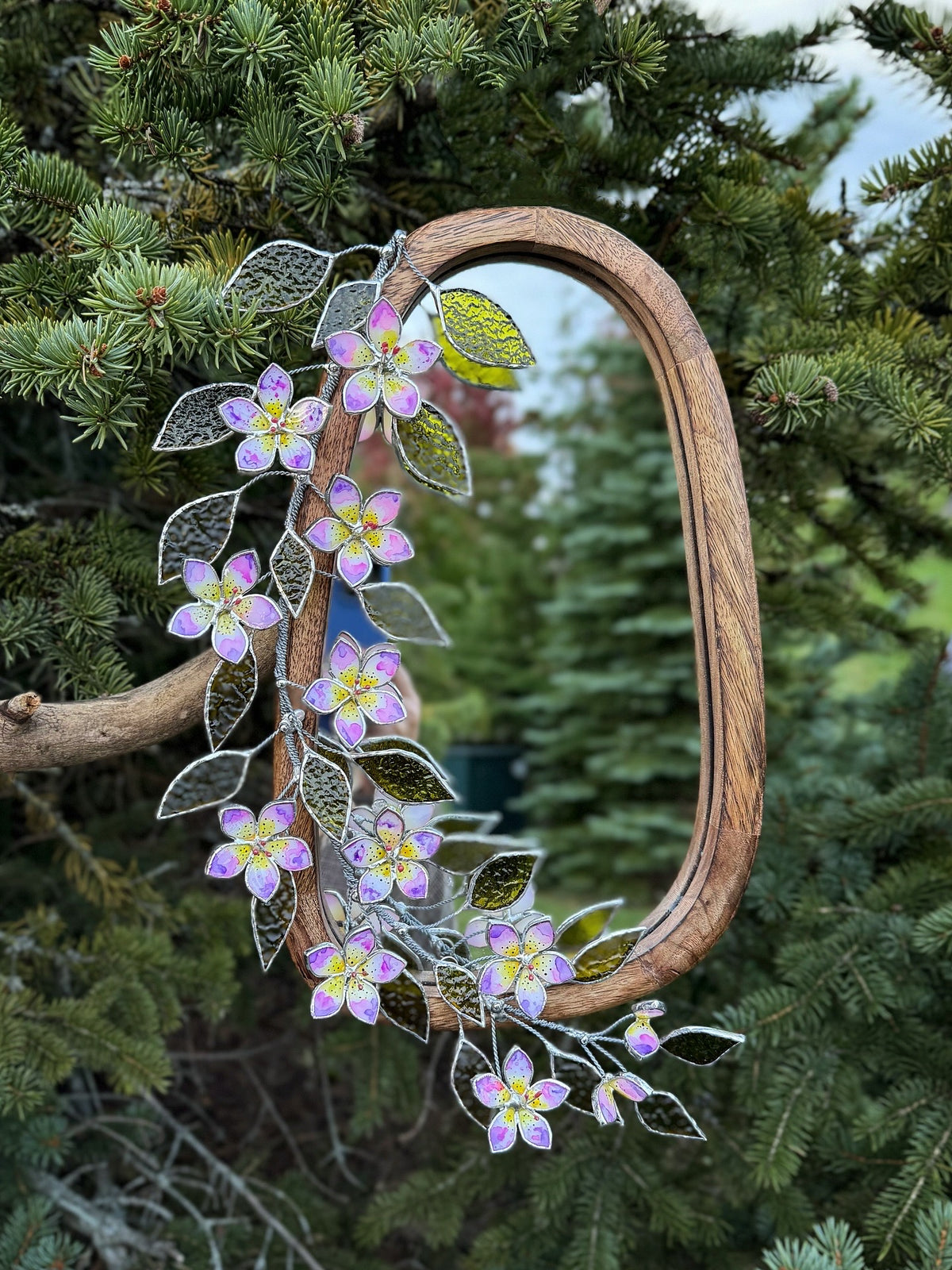 Hand Painted Tropical Flower Stained glass Flower Mirror, 3D Botanical Floral Wall Art ready new