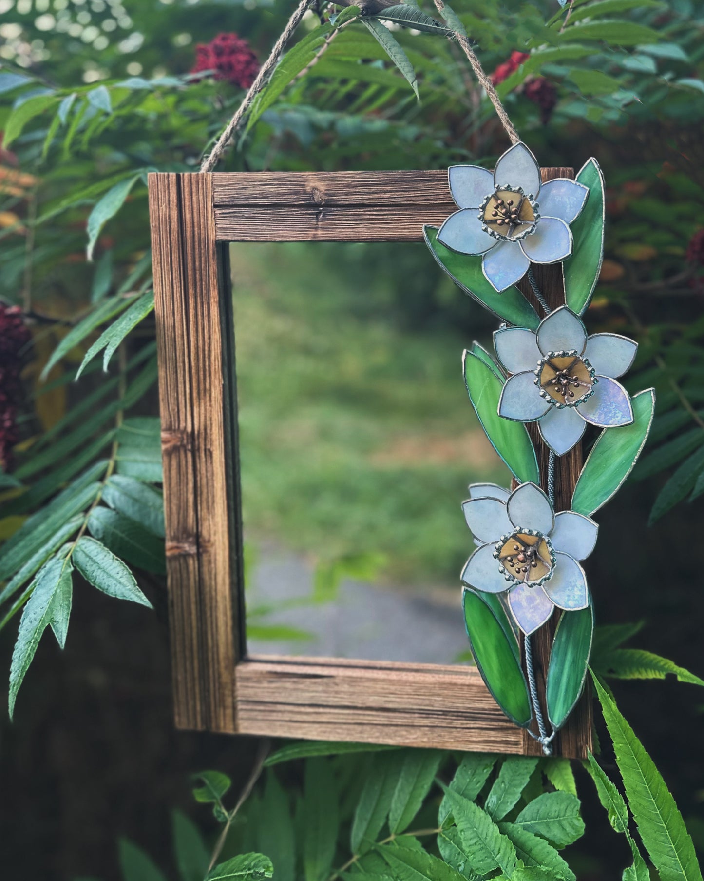 " . Flower Mirror Daffodil Pearl White”, Stained glass Wedding Wall Decor, Christmas gift Everlasting plant, Suncatcher, available