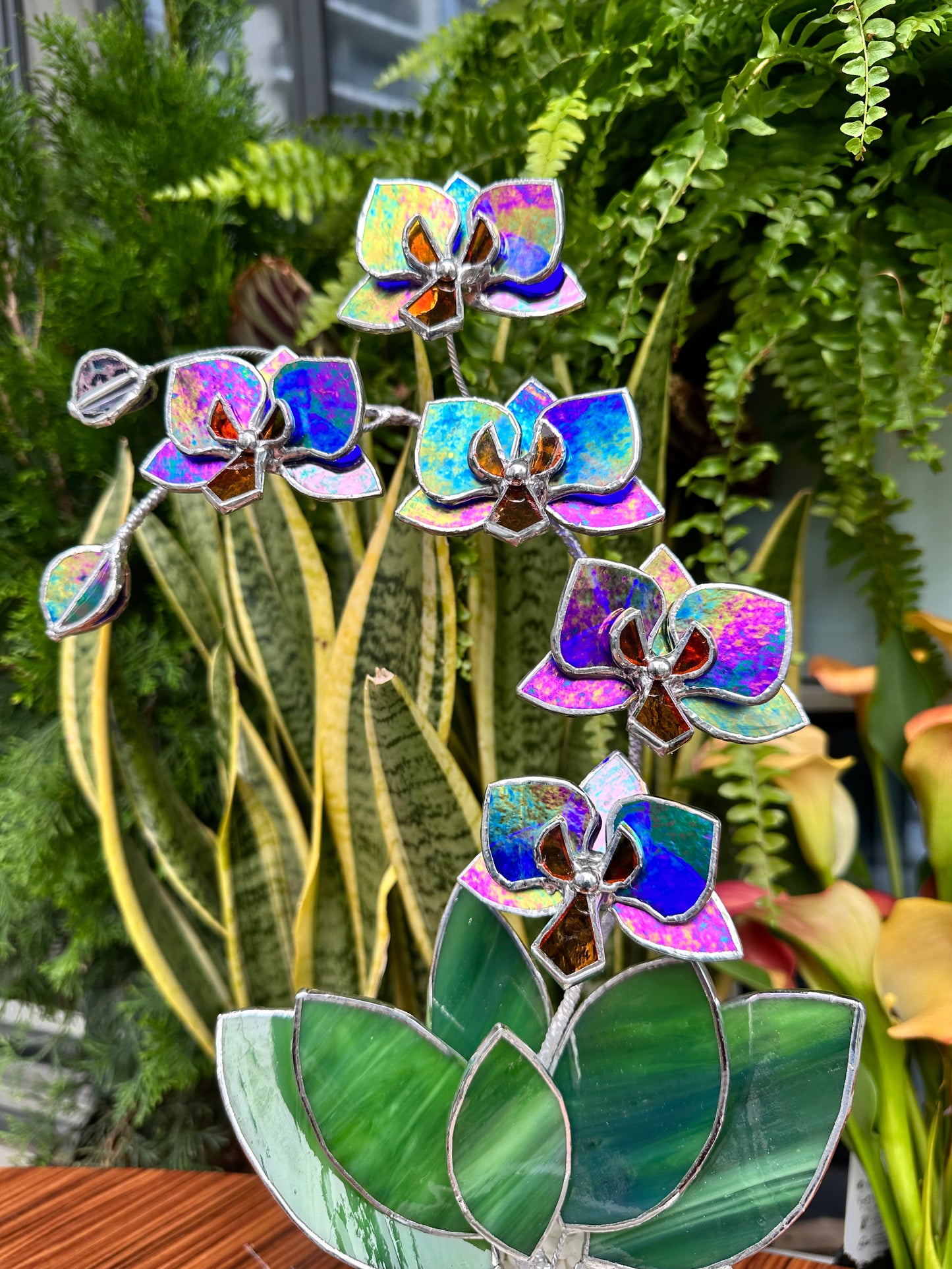 " .Indigo iridescent Orchid 5 flowers with pot" Stained glass tropical flower 3D, Sun catcher, Table plant, Garden stick, wedding decor, Christmas gift