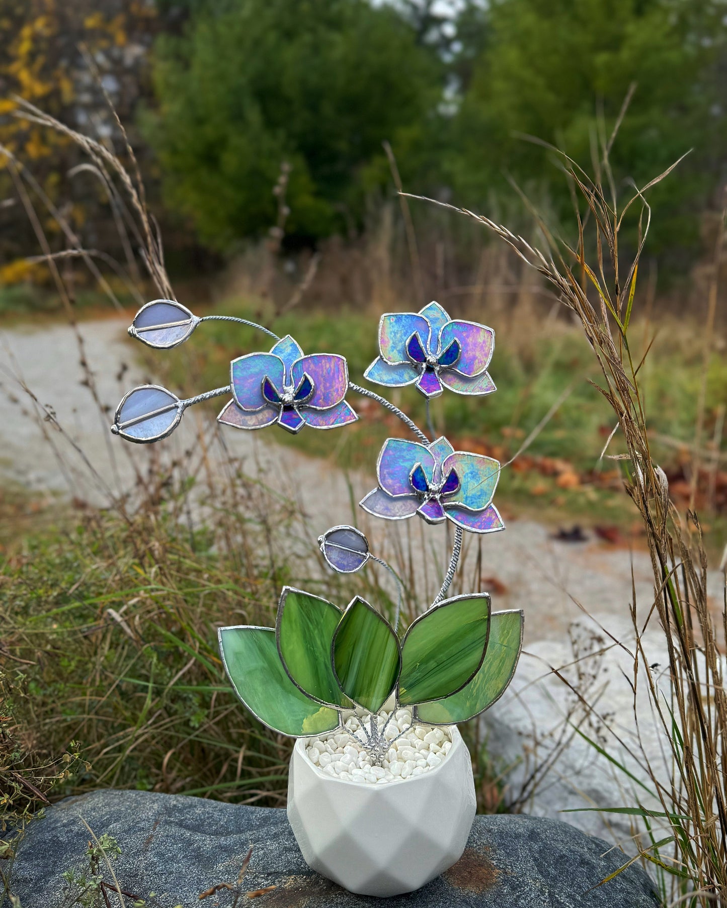 " . Lavender iridescent Orchid 3 flowers with pot” Stained glass tropical flower 3D, Sun catcher, Table plant, Garden stick, Outdoor and gardening decor