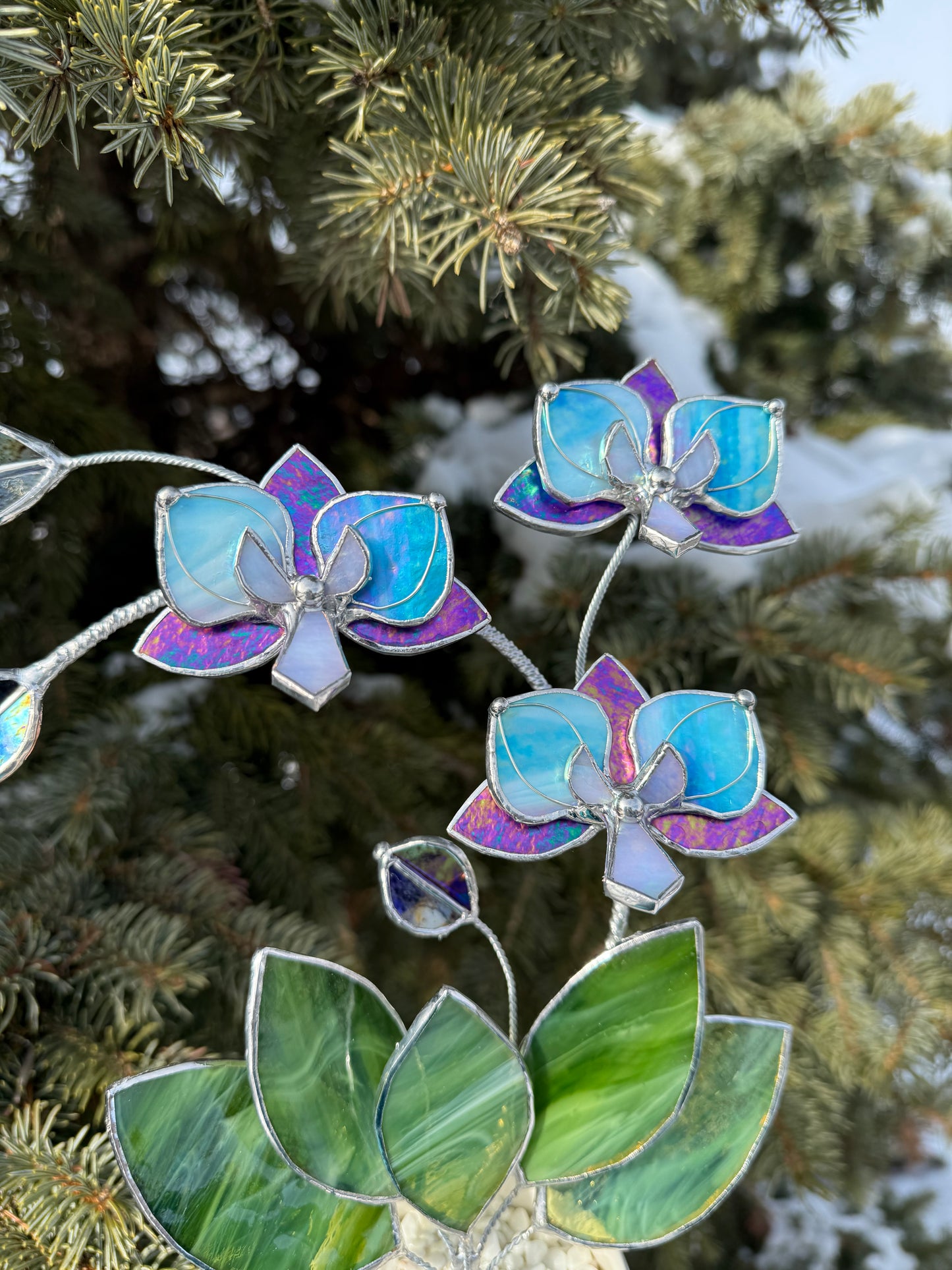 " . Amethyst iridescent and Blue iridescent Orchid 3 flowers with pot” Stained glass tropical flower 3D, Sun catcher, Table plant, Garden stick, Outdoor and gardening decor