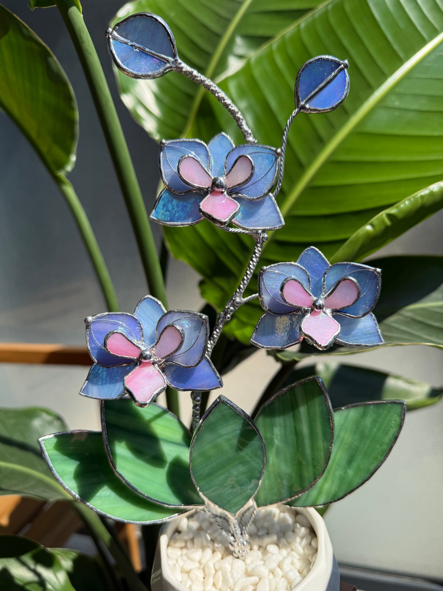 .Blue Lavender Orchid in a pot, 3 flowers Botanical Stained Glass Modern Art Decor new