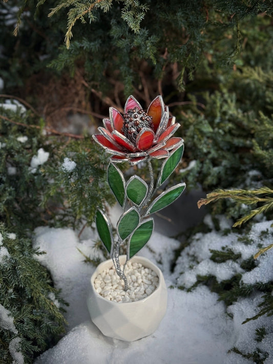 .Protea Flower Stained glass Artisan Botanical Decor Floral Table Top