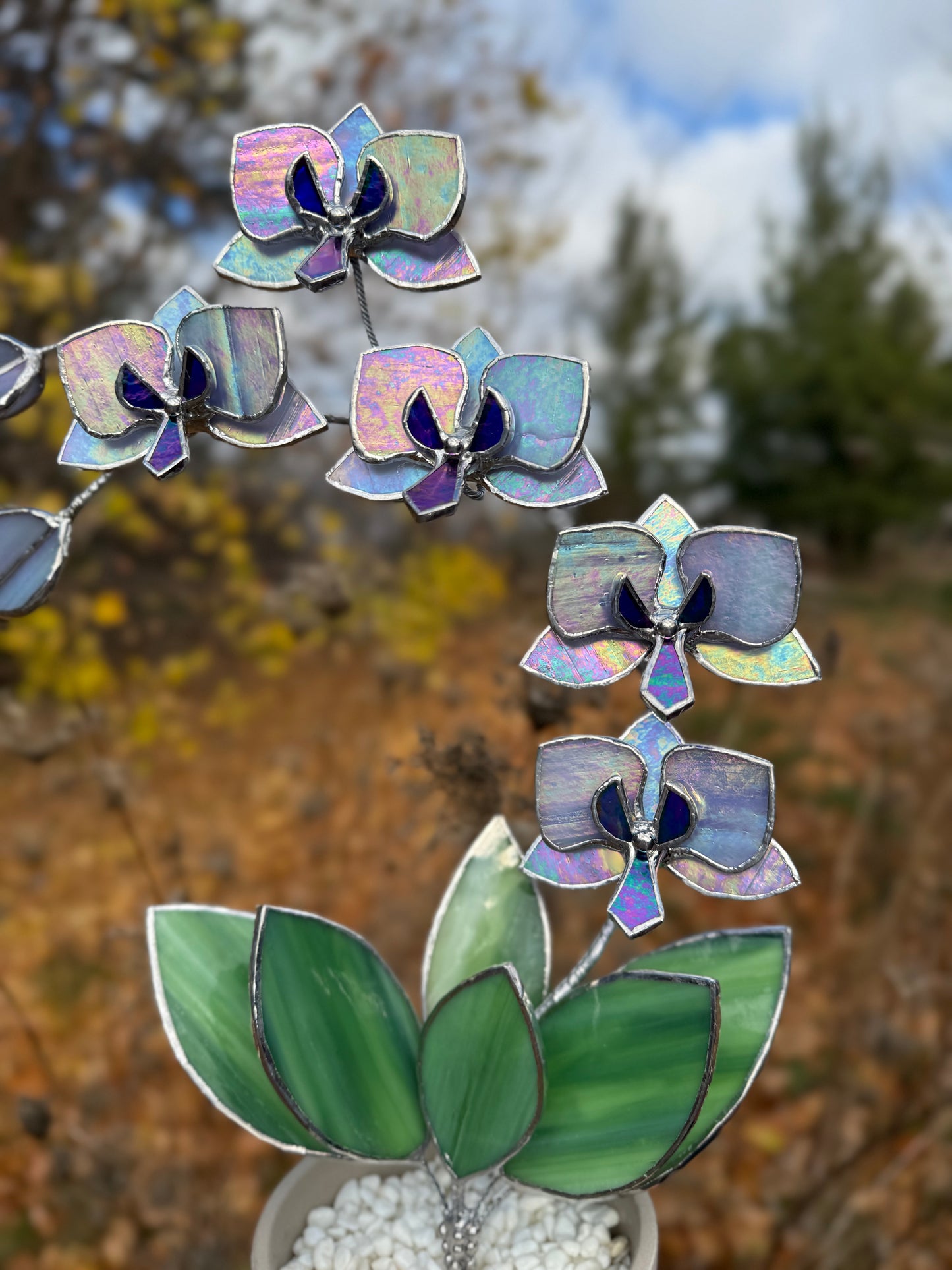 " . Lavender iridescent Orchid 5 flowers with pot" Stained glass tropical flower 3D, Sun catcher, Table plant, Garden stick, wedding decor, Christmas gift