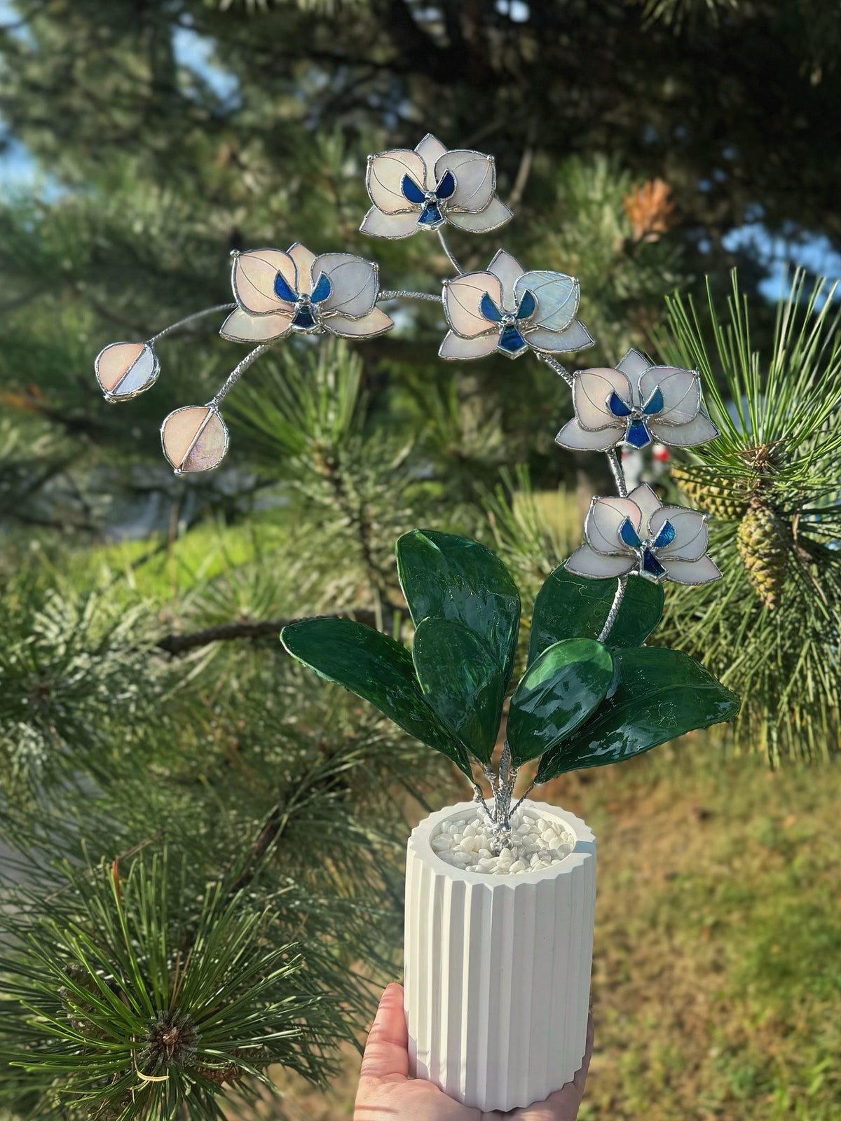 Pearl White iridescent Artificial Orchid, WITH RESIN LEAVES, 5 Flowers, Handmade Botanical Art Decor