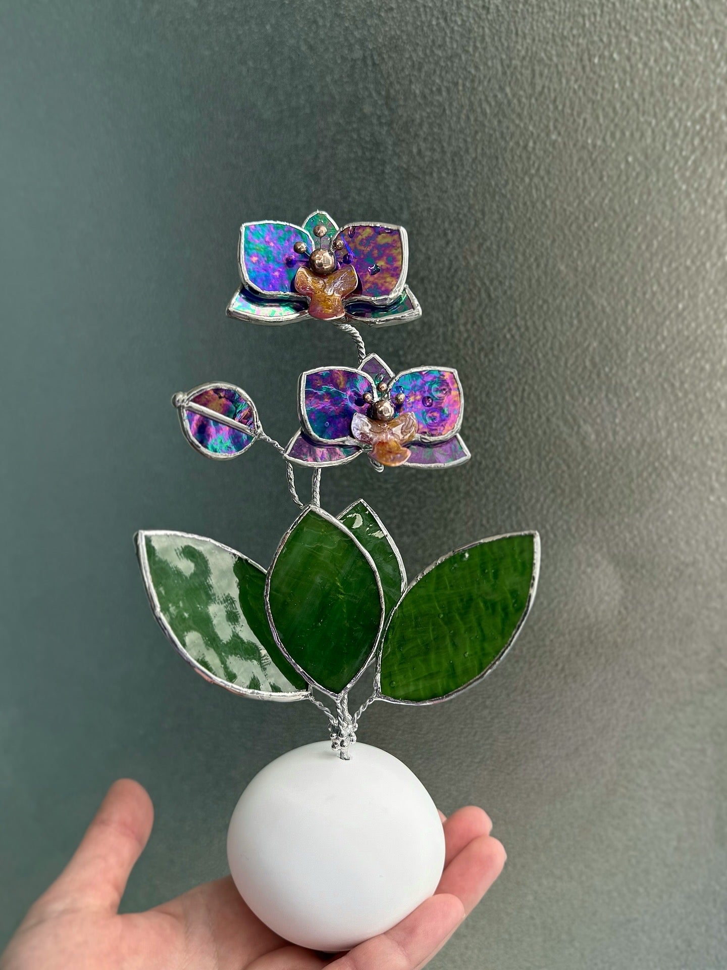 Orchid Indigo Stained Glass Artisan Flower, Botanical Table Decor