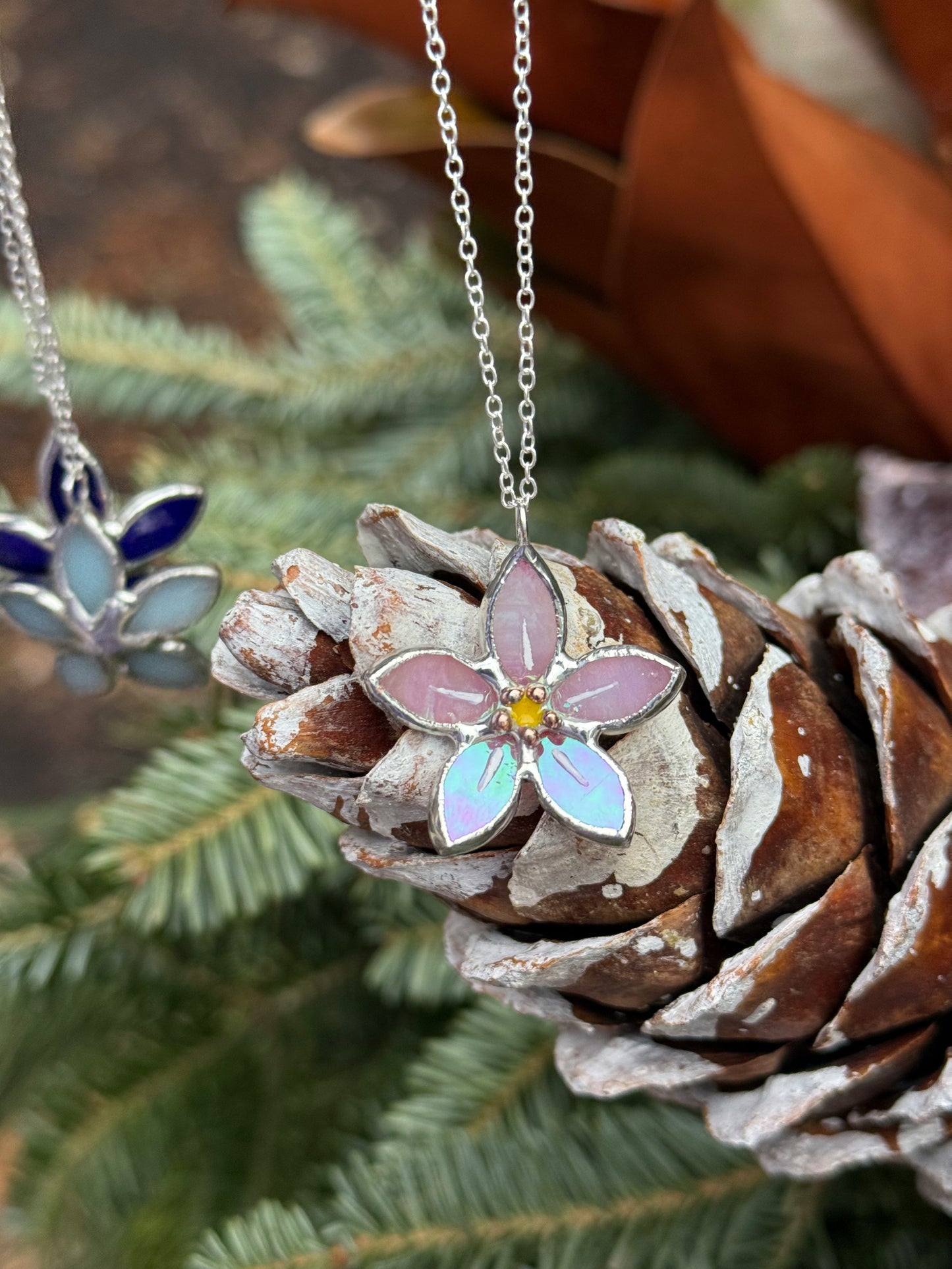 Forget Me Not Handmade Stained Glass Necklace Pink, Botanical Jewelry