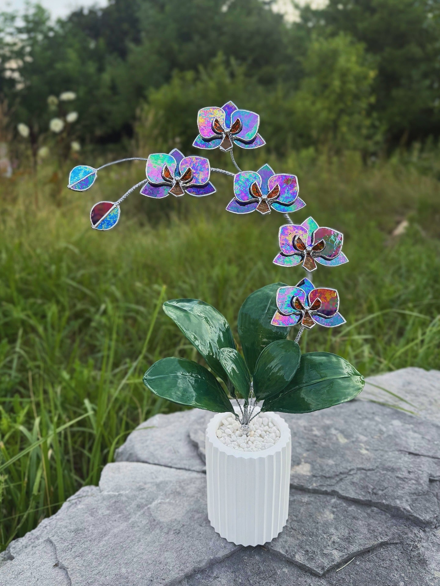 .Amethyst indigo Orchid, WITH RESIN LEAVES, 5 Flowers, Handmade Stained Glass Botanical Art Decor