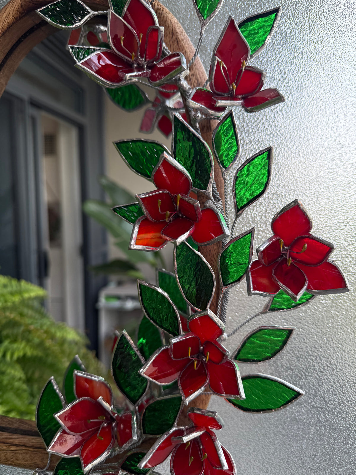 .Amaryllis Flower Mirror, Stained Glass 3D Botanical Floral Wall Art ready new