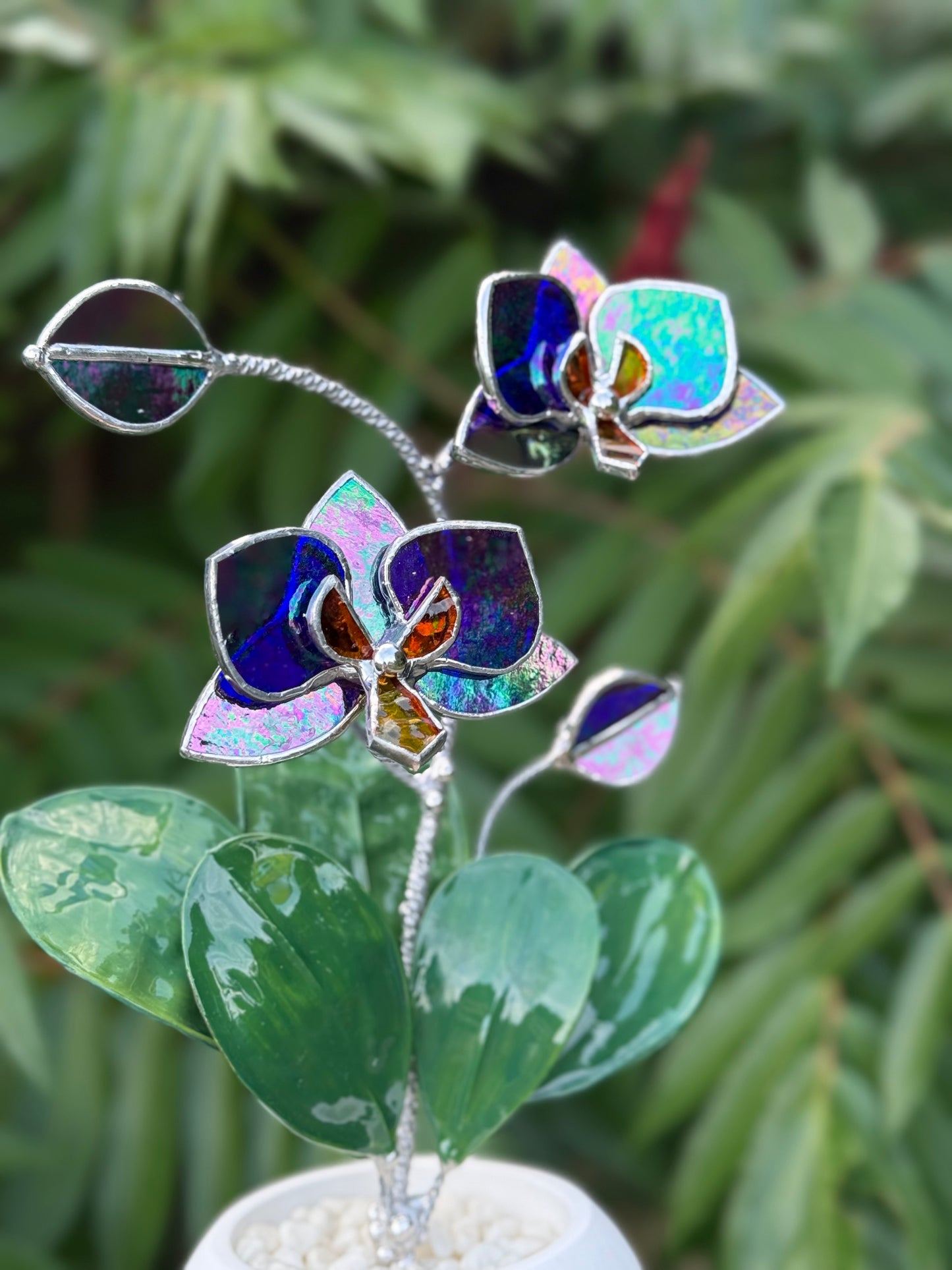 Indigo iridescent Artificial Orchid WITH RESIN Hand painted LEAVES 2 flowers with bud in a Pot, Botanical Art Sculpture