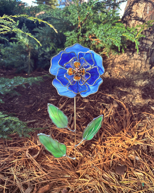 ". Peony Stained glass flower Sky Blue & Gold,  tropical 3D Sun catcher, Table plant decor