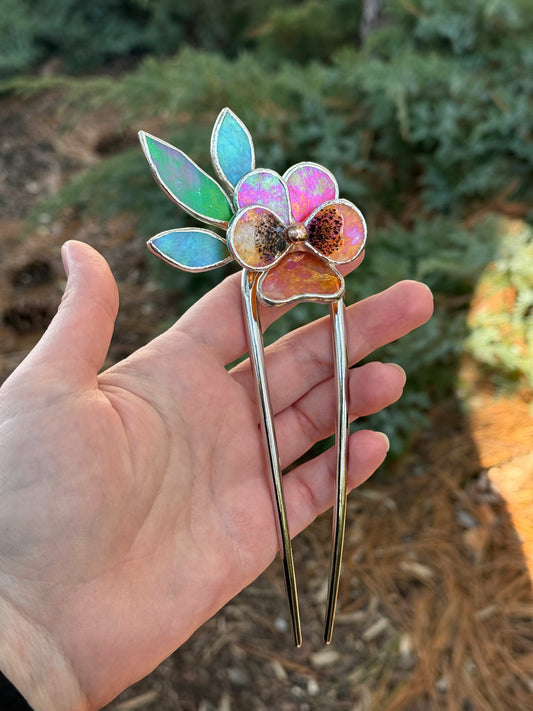 .Hair Pin Stained Glass Pansy Flower CHOOSE COLOR Handmade Floral Accessories