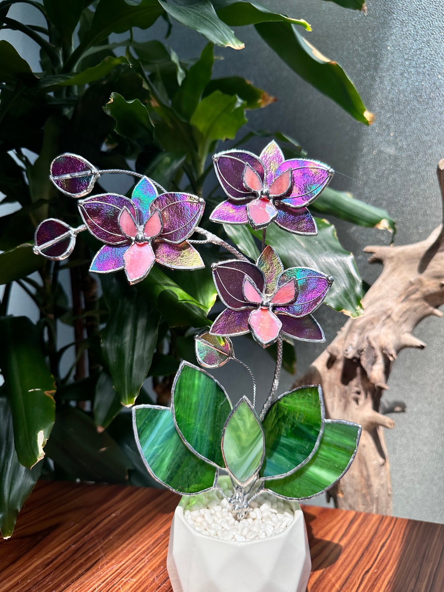 " . Mauve iridescent Butterfly Orchid 3 flowers with pot” Stained glass tropical flower 3D, Sun catcher, Table plant, Garden stick, Outdoor and gardening decor