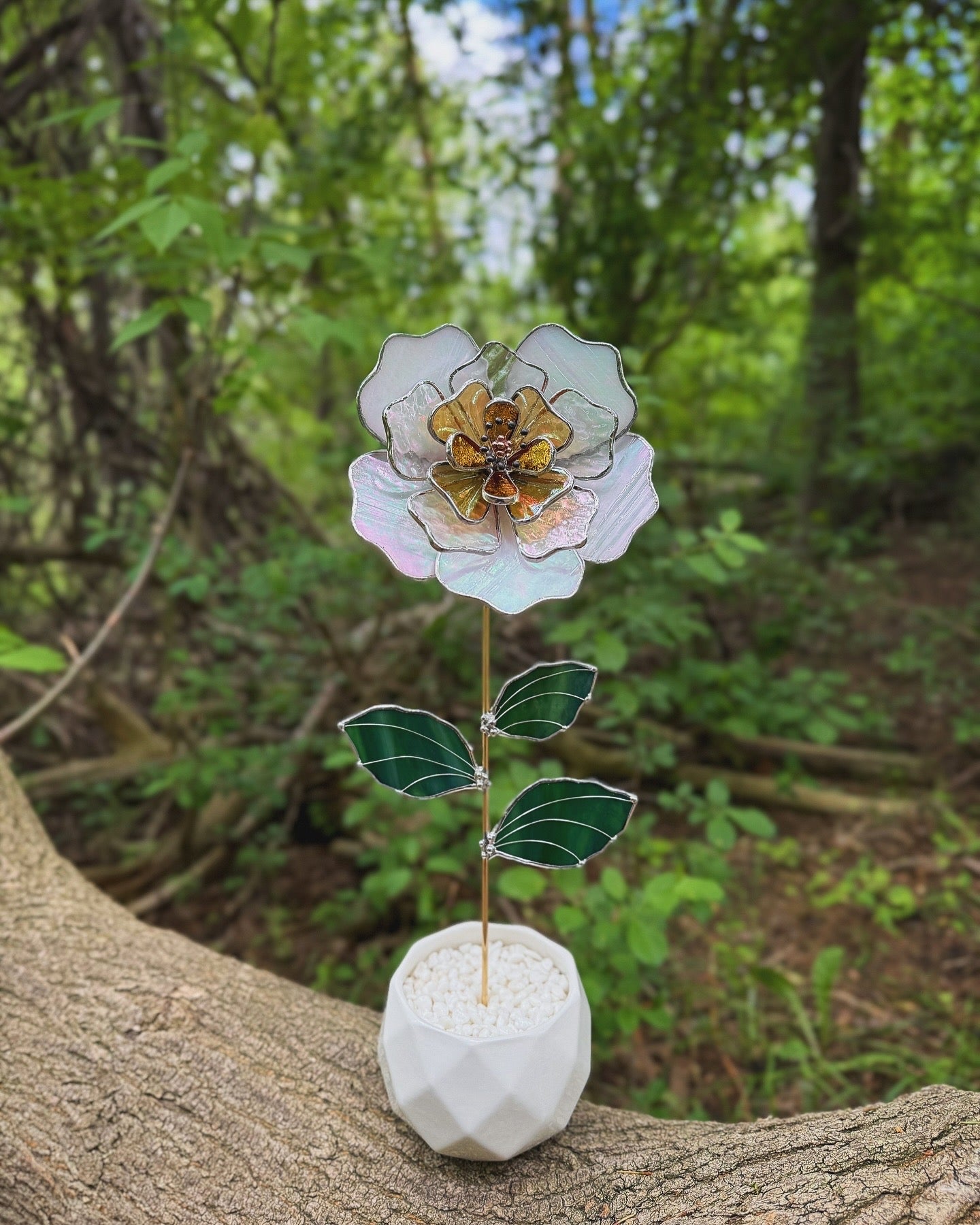 " . Beautiful Peony White & yellow iridescent Stained glass flower, tropical 3D Sun catcher, Table plant decor, wedding gift, available new