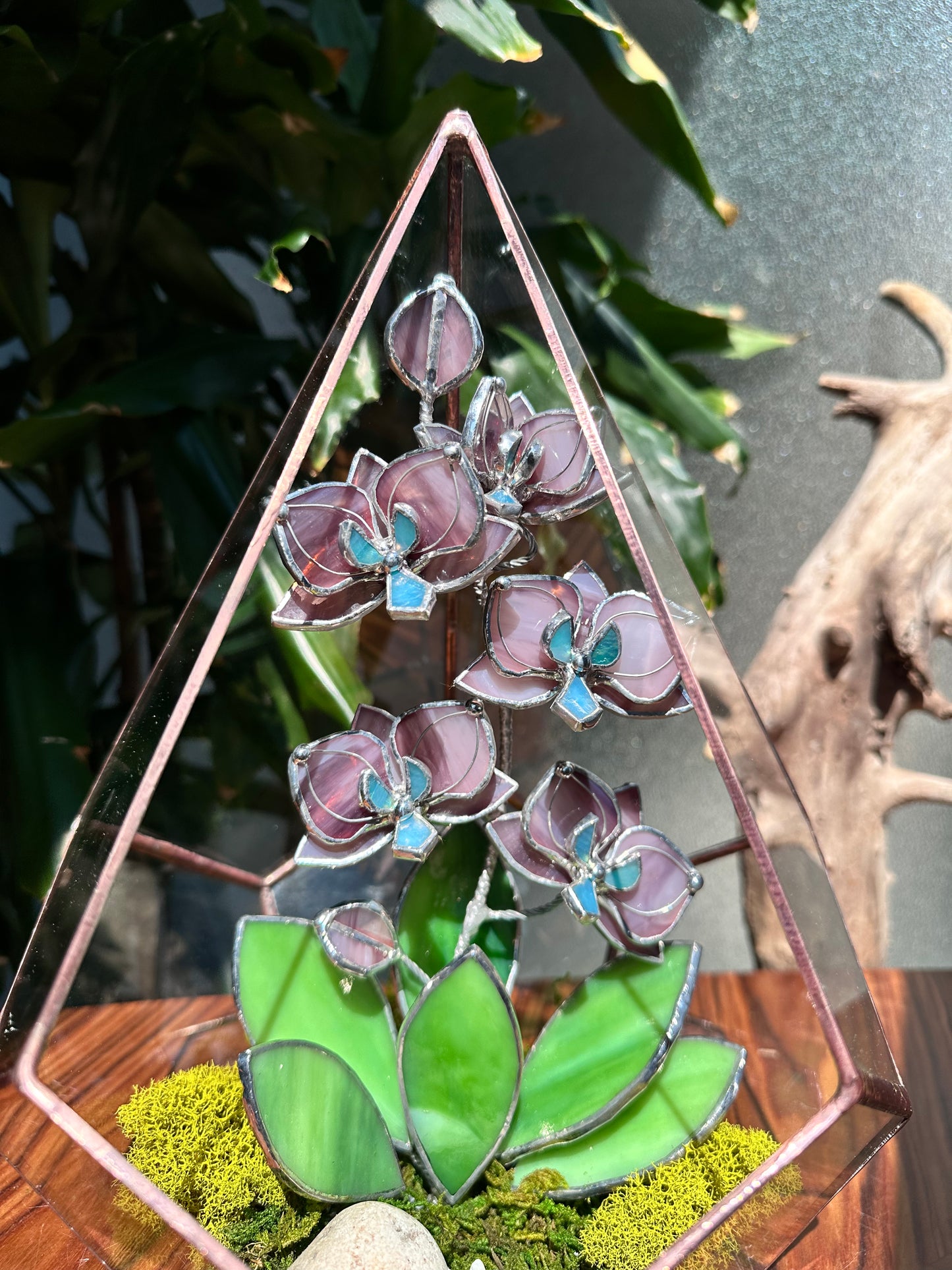 " . Geometric glass 3D terrarium Teardrop with stained glass orchids. Wedding glass decor, Mother’s Day  gift, glass art, suncatcher, succulents, cacti