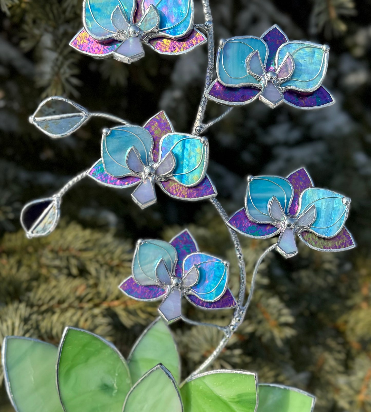 " . Amethyst and Blue iridescent Orchid 5 flowers with pot" 2025 design, Stained glass tropical flower 3D, Sun catcher, Table plant, Garden stick, wedding decor, Christmas gift