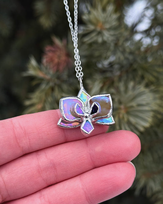 " . Necklace Orchid Beige iridescent” Stained glass tropical flower 3D, art jewelry