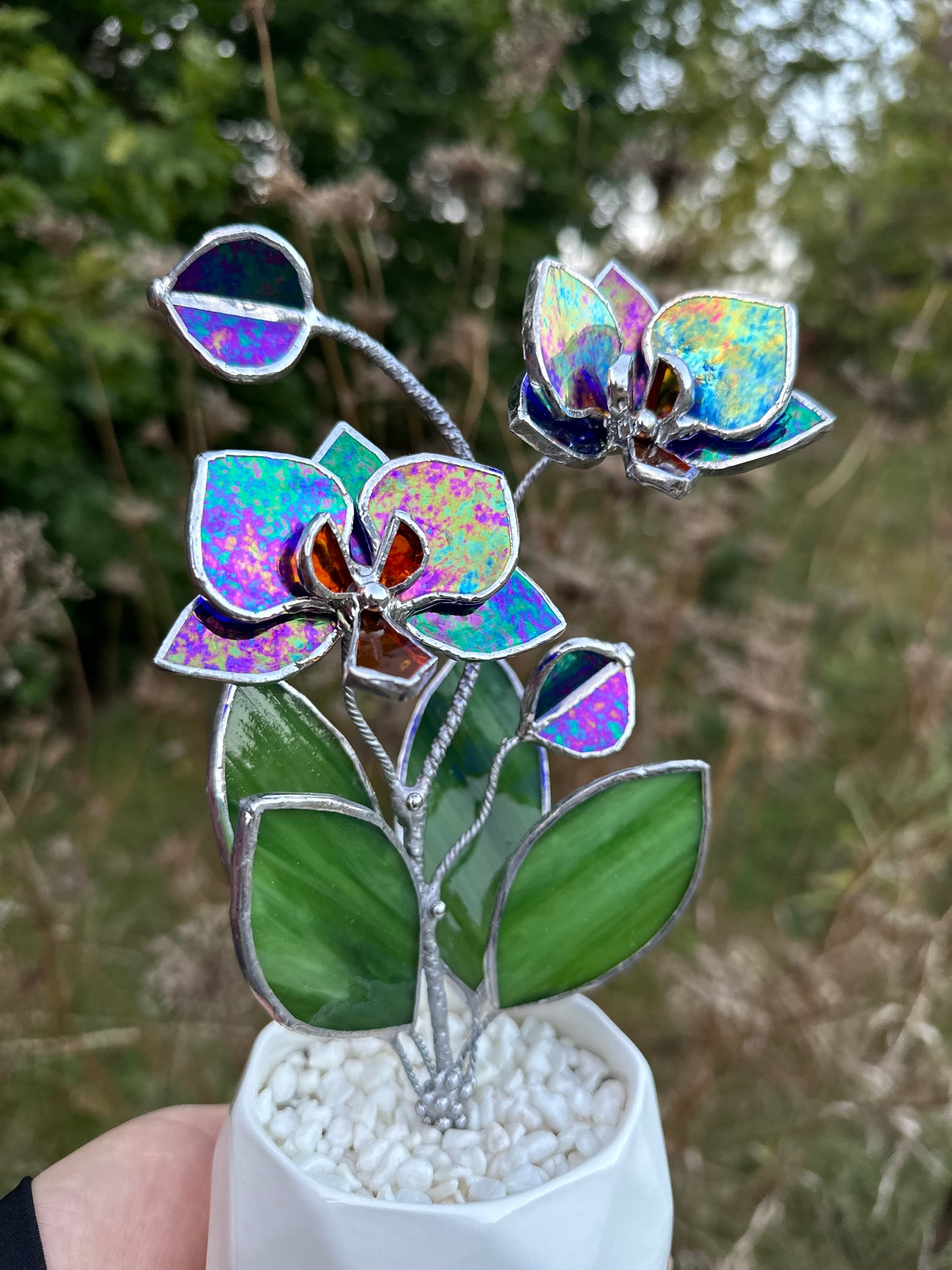 " . Indigo iridescent Orchid 2 flowers with pot” Stained glass tropical flower 3D, Sun catcher, Table plant decor, Garden stick, Outdoor and gardening decor