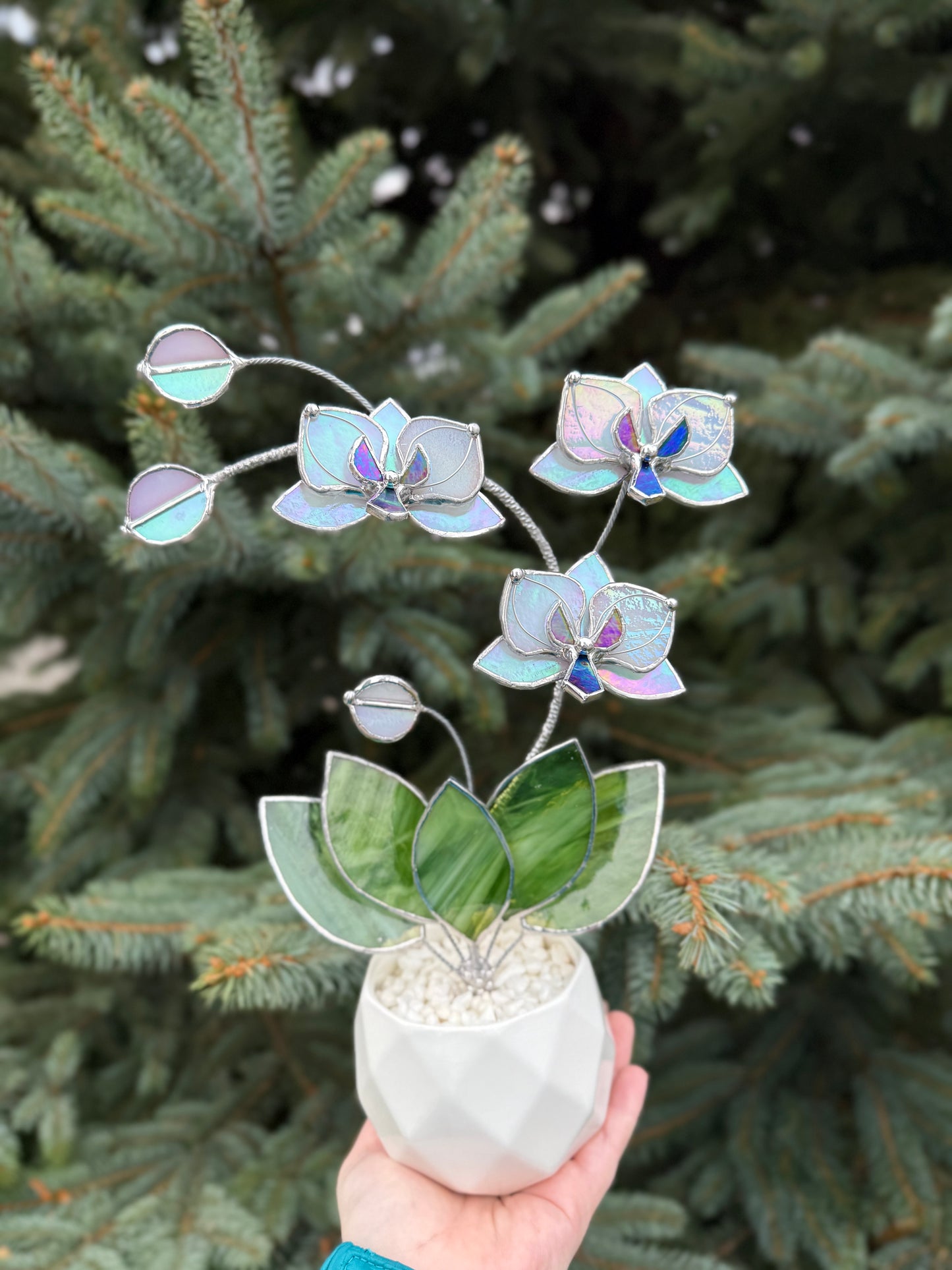 " . Orchid White luminescent, 3 flowers with pot” Stained glass tropical flower 3D, Suncatcher, Table plant decor