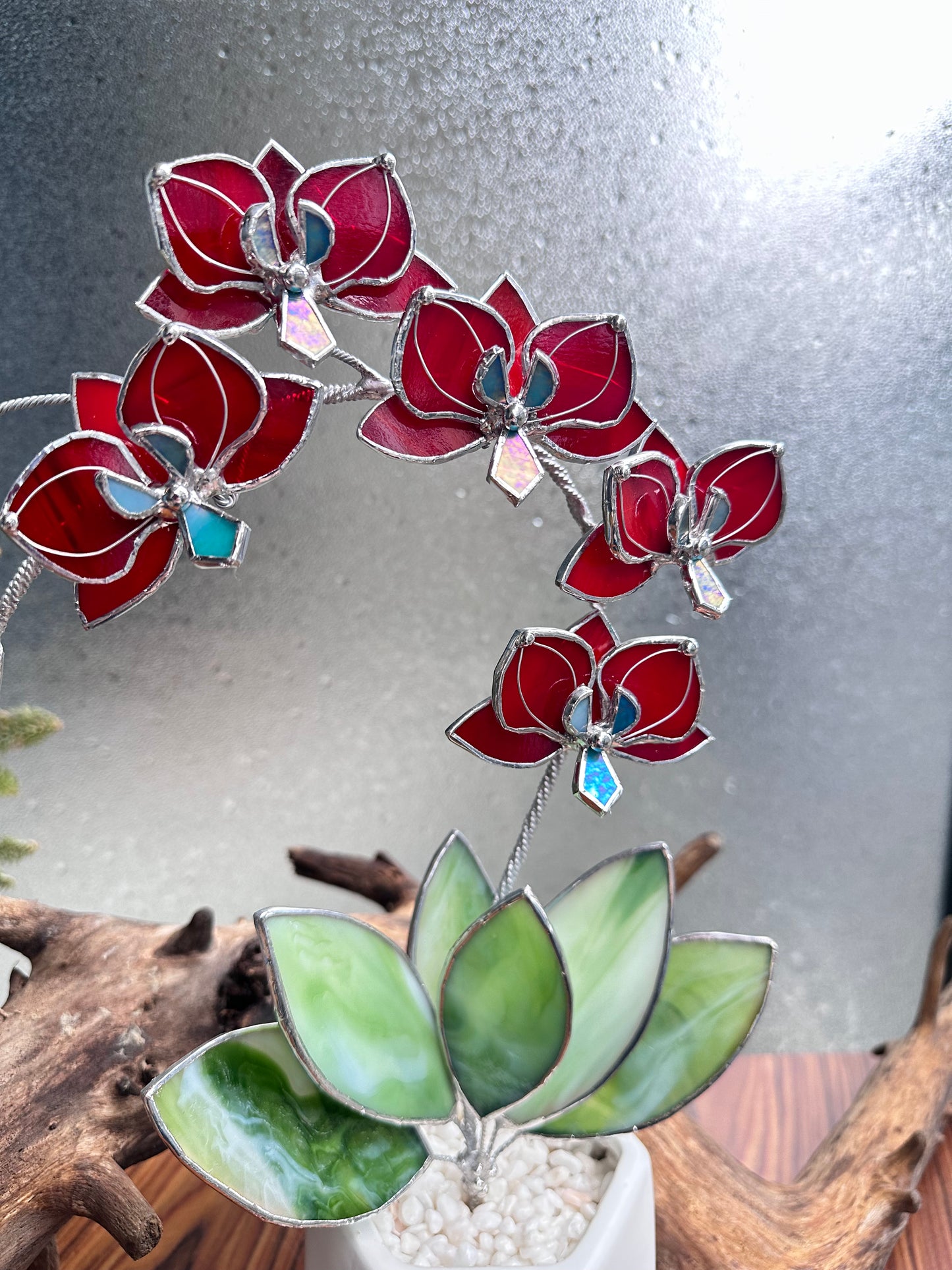 ". Stained glass Orchid Ruby Red with pot, 5 flowers,  Suncatcher  3D, plant, Wedding Christmas Gift  Outdoor and gardening decor