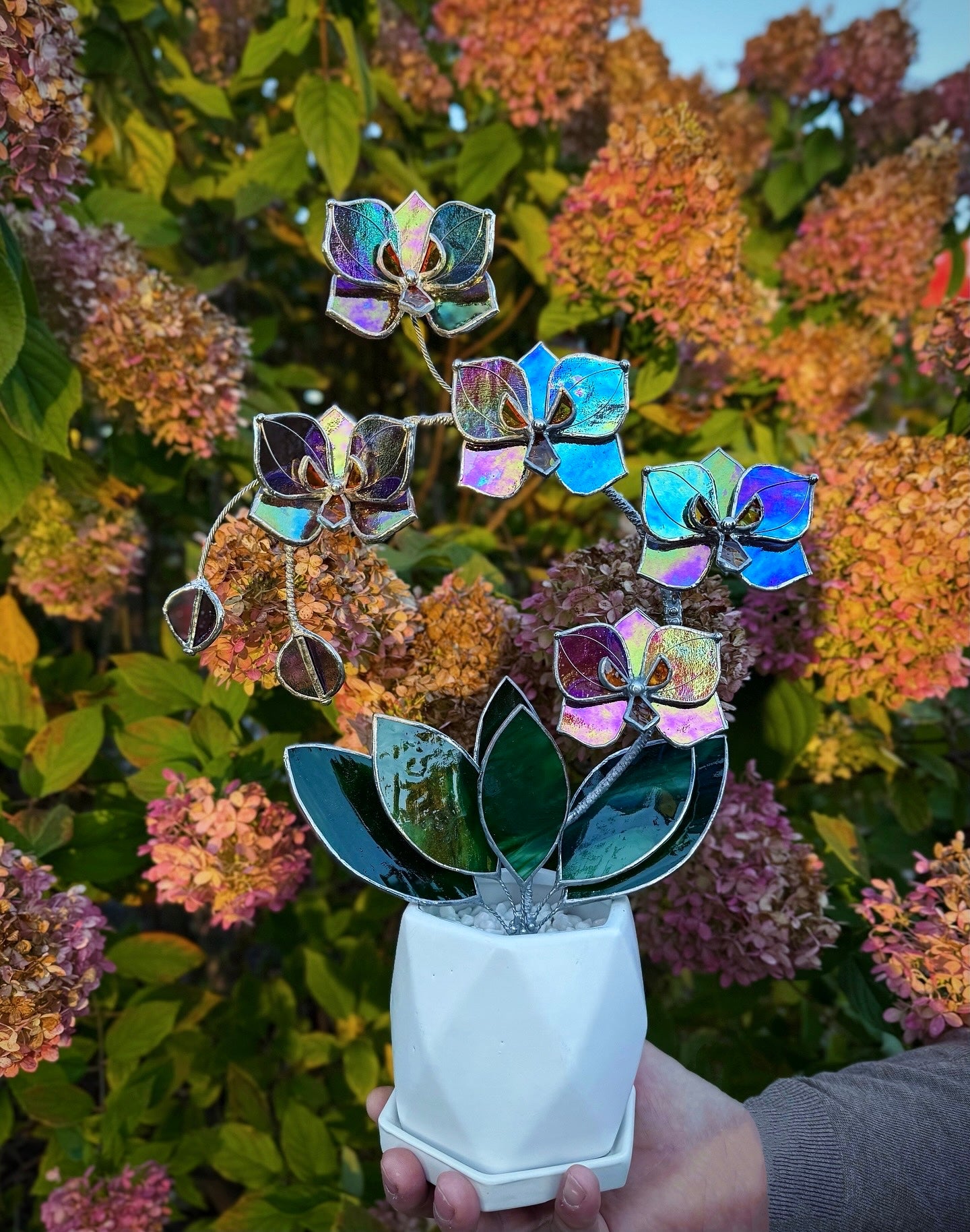 " . Butterfly Orchid Purple transparent iridescent, 5 flowers with pot”, Stained glass tropical flower 3D, Suncatcher, Table plant sale