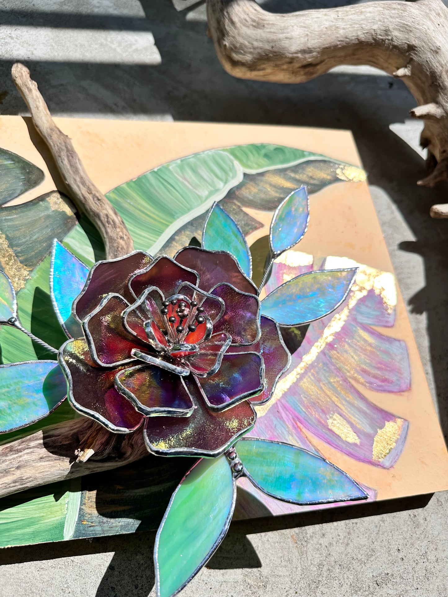 " .Acrylic painting ‘Wild Tropics’ with stained glass 3D flowers, Wall decor, Wedding, Christmas gift, available