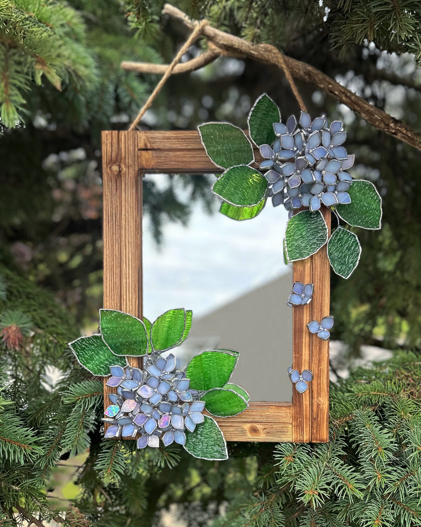 " . Blue lavender iridescent Hydrangea Flower Mirror, Stained glass Wedding Wall Decor, Christmas gift, Suncatcher