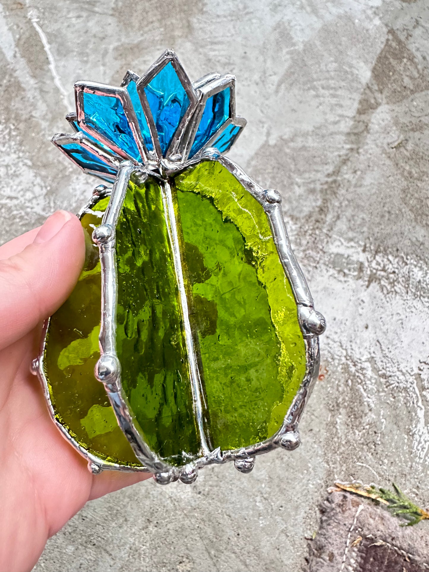 "Cactus XL Blue Green Ribbed Transparent ", Stained glass, Succulent 3D Cacti house plant for flower pot Sun catcher glass art wedding