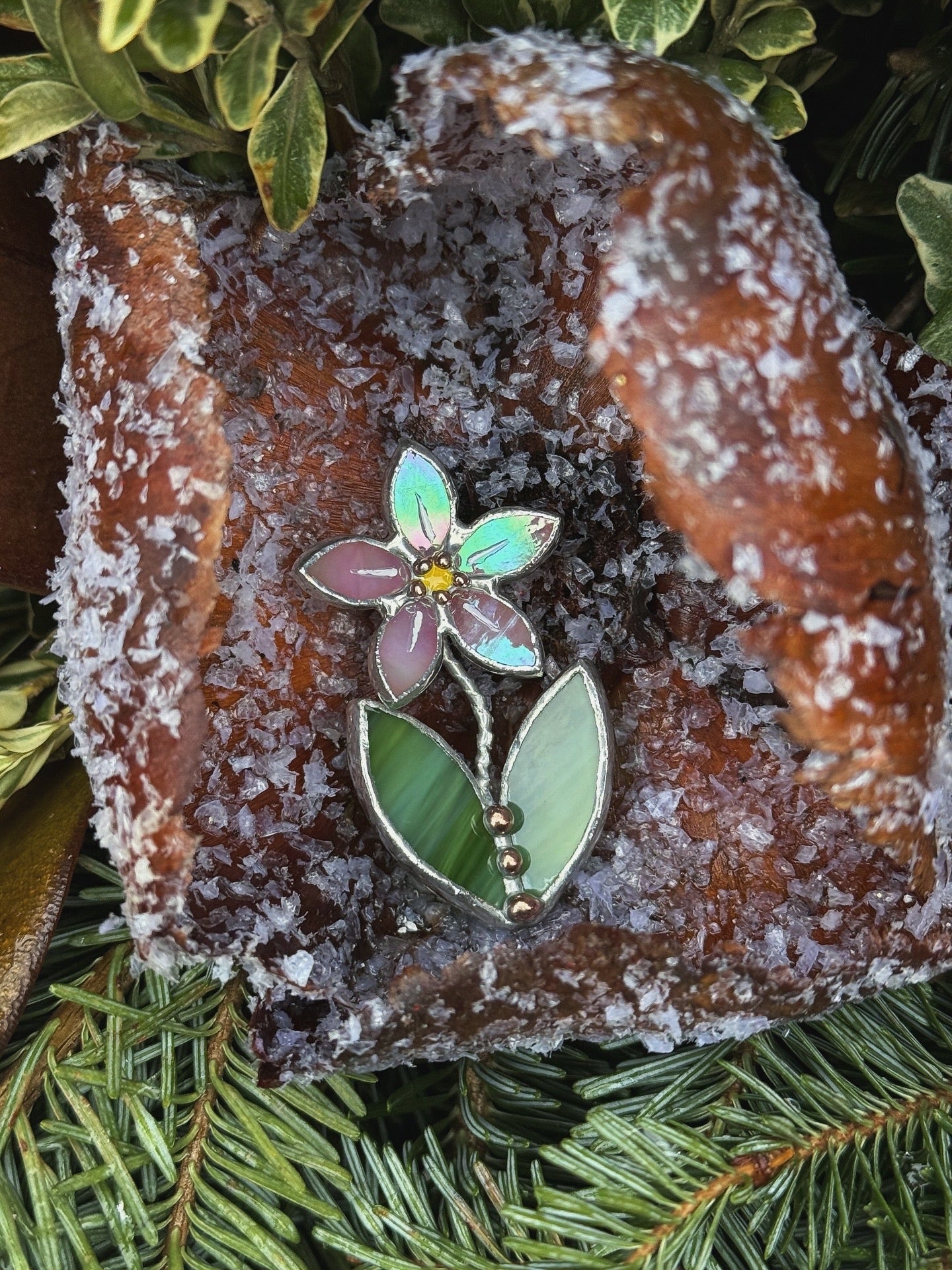 Forget me not Pink Brooch Stained Glass Flower Pin, Modern Art Jewelry statement ready