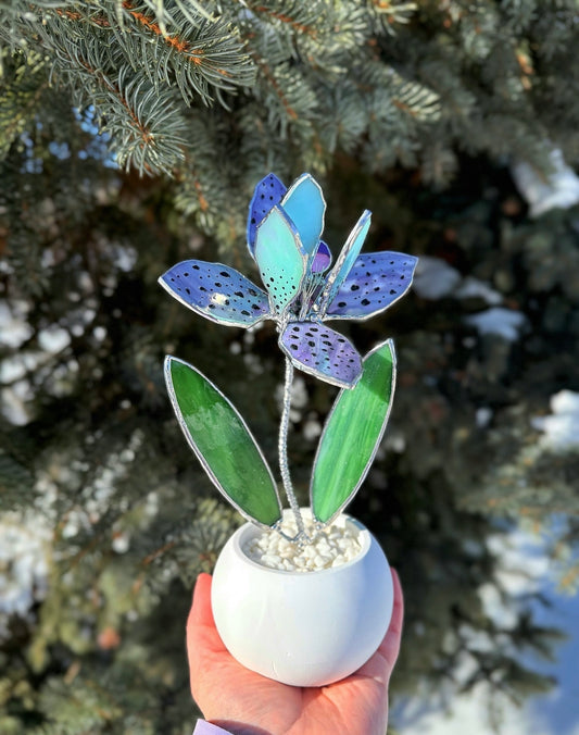 "  . Blue Tropical Orchid", stained glass flower 3D, Sun catcher, Modern Table plant decor, Valentine’s gift