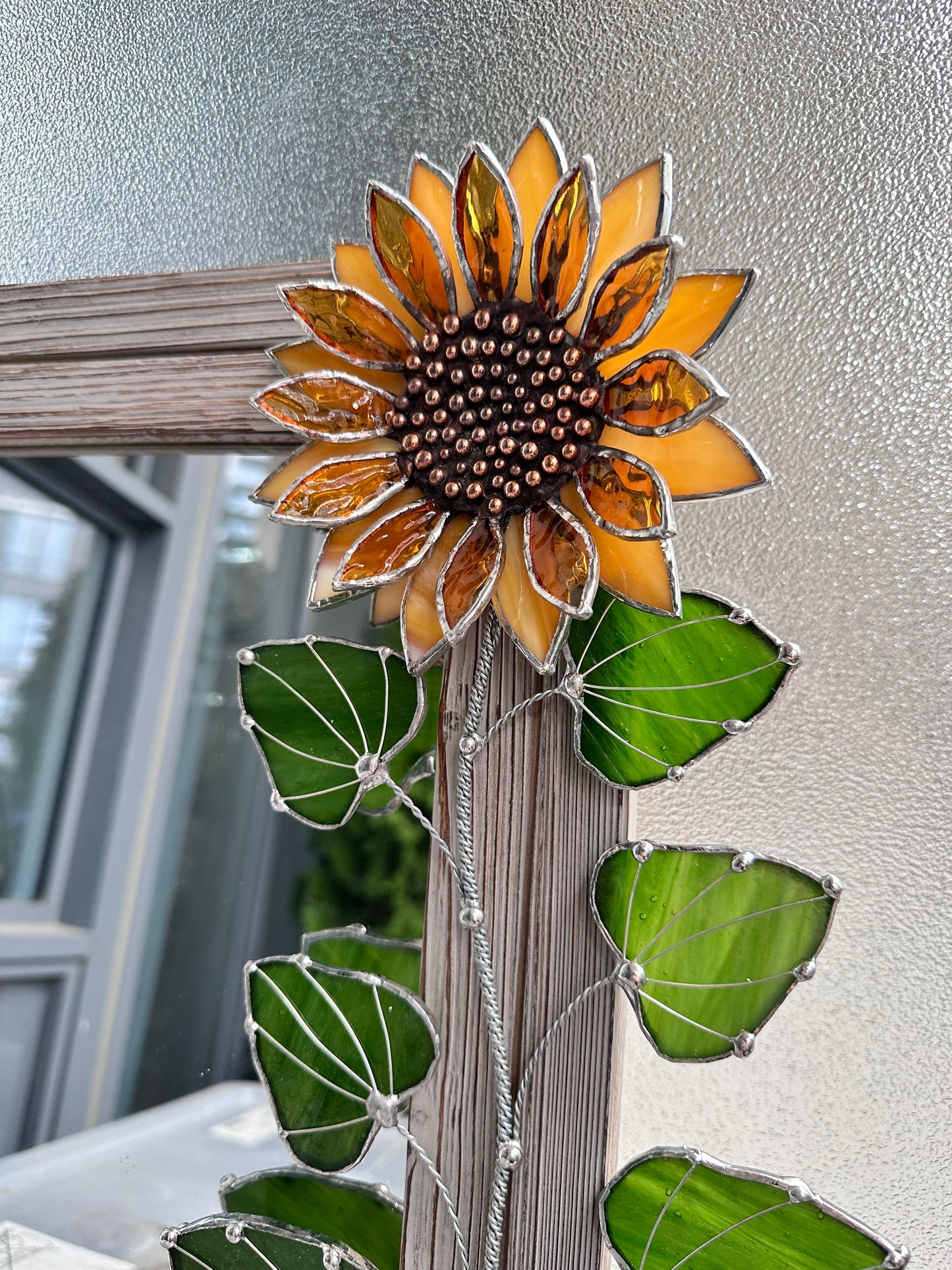 "Golden Sunflower" Stained glass flower Mirror, wall decor Art, Wedding, Christmas, gift Decoration Glass flowers Succulents