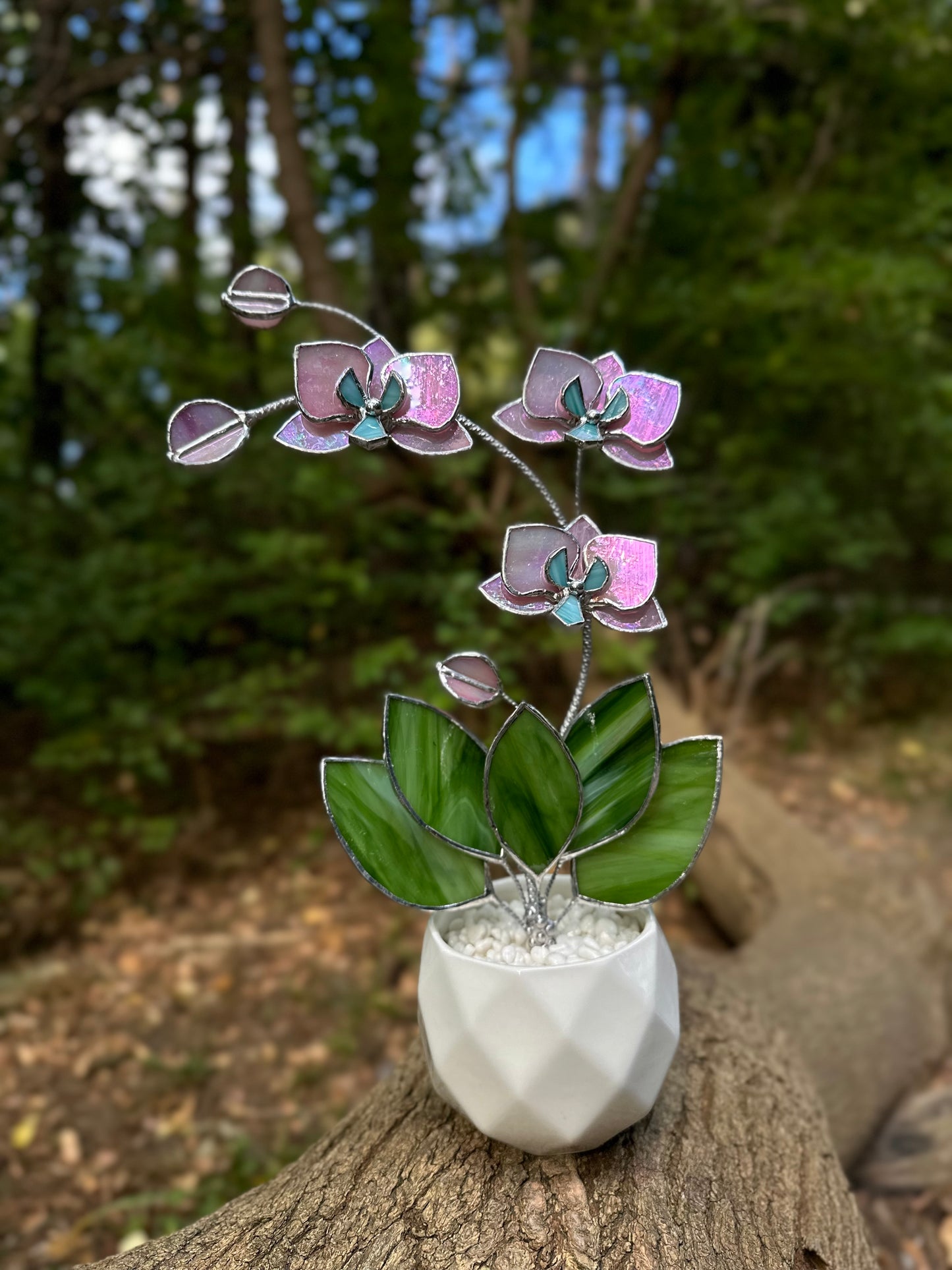 " . Candy Pink iridescent Orchid 3 flowers with pot” Stained glass tropical flower 3D, Sun catcher, Table plant, Garden stick, Outdoor and gardening decor