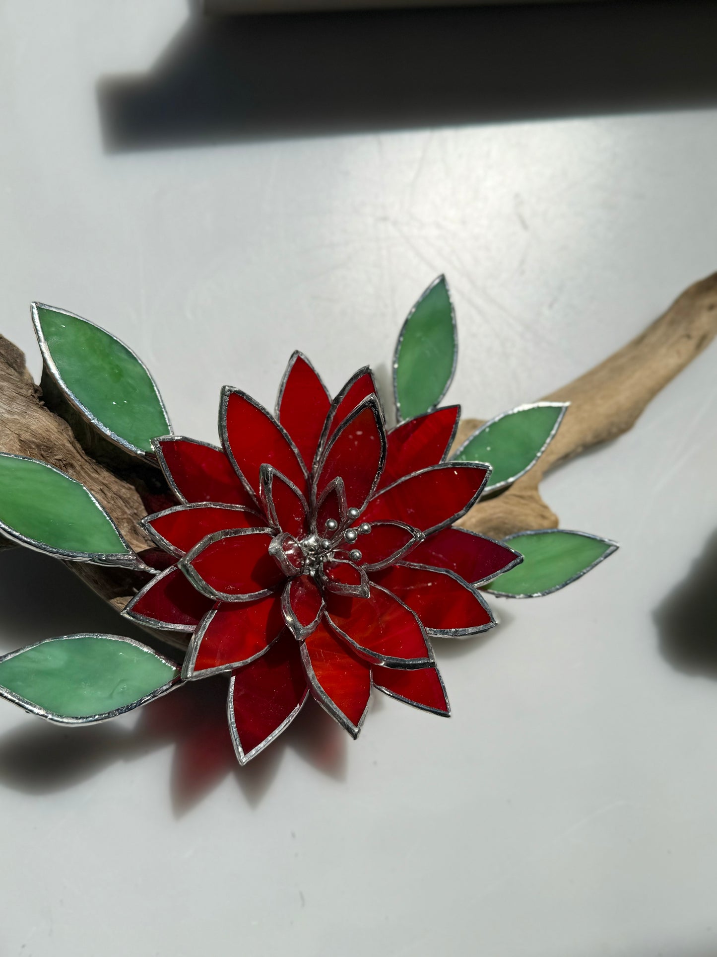 .Fire Flower Stained Glass Driftwood Wall Decor Suncatcher