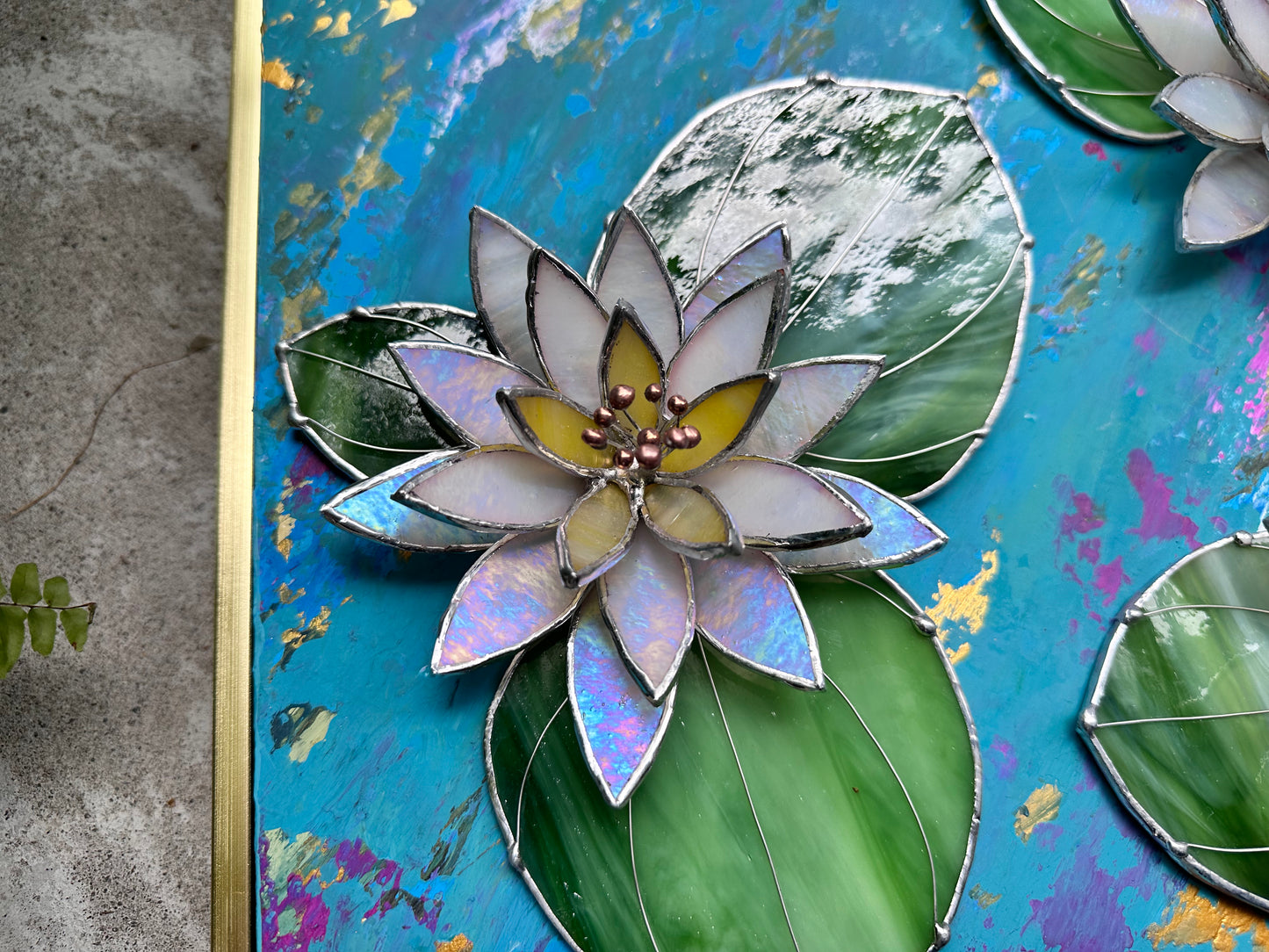 ". Acrylic painting ‘Lily Pond L’ with stained glass 3D flowers, Wall decor, Wedding, Christmas gift, available