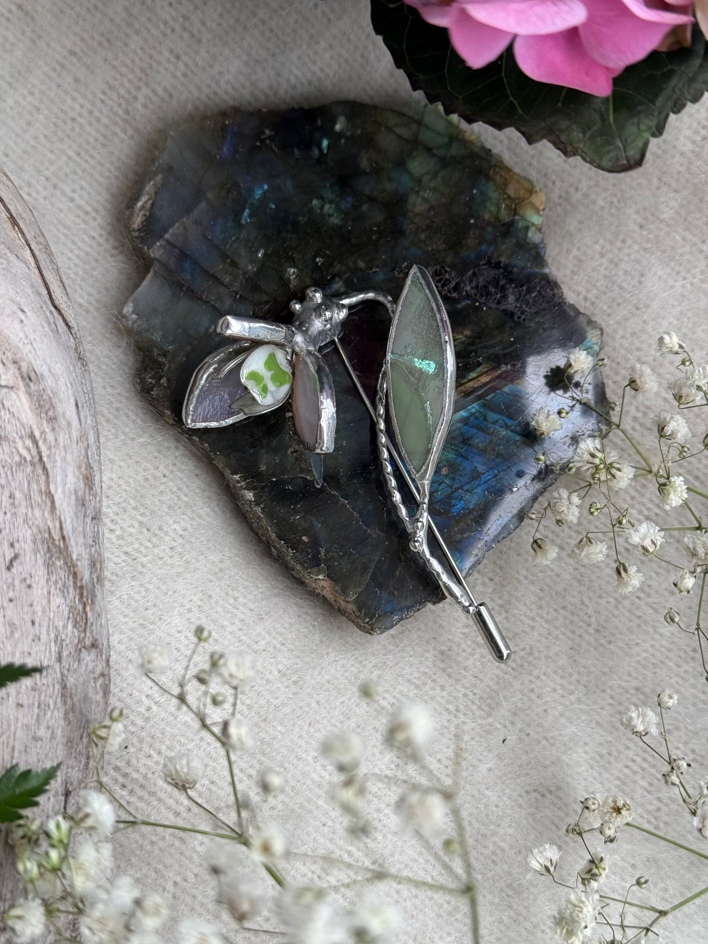 Snowdrop Brooch Statement Stained Glass Floral Pin, Modern Art Jewelry