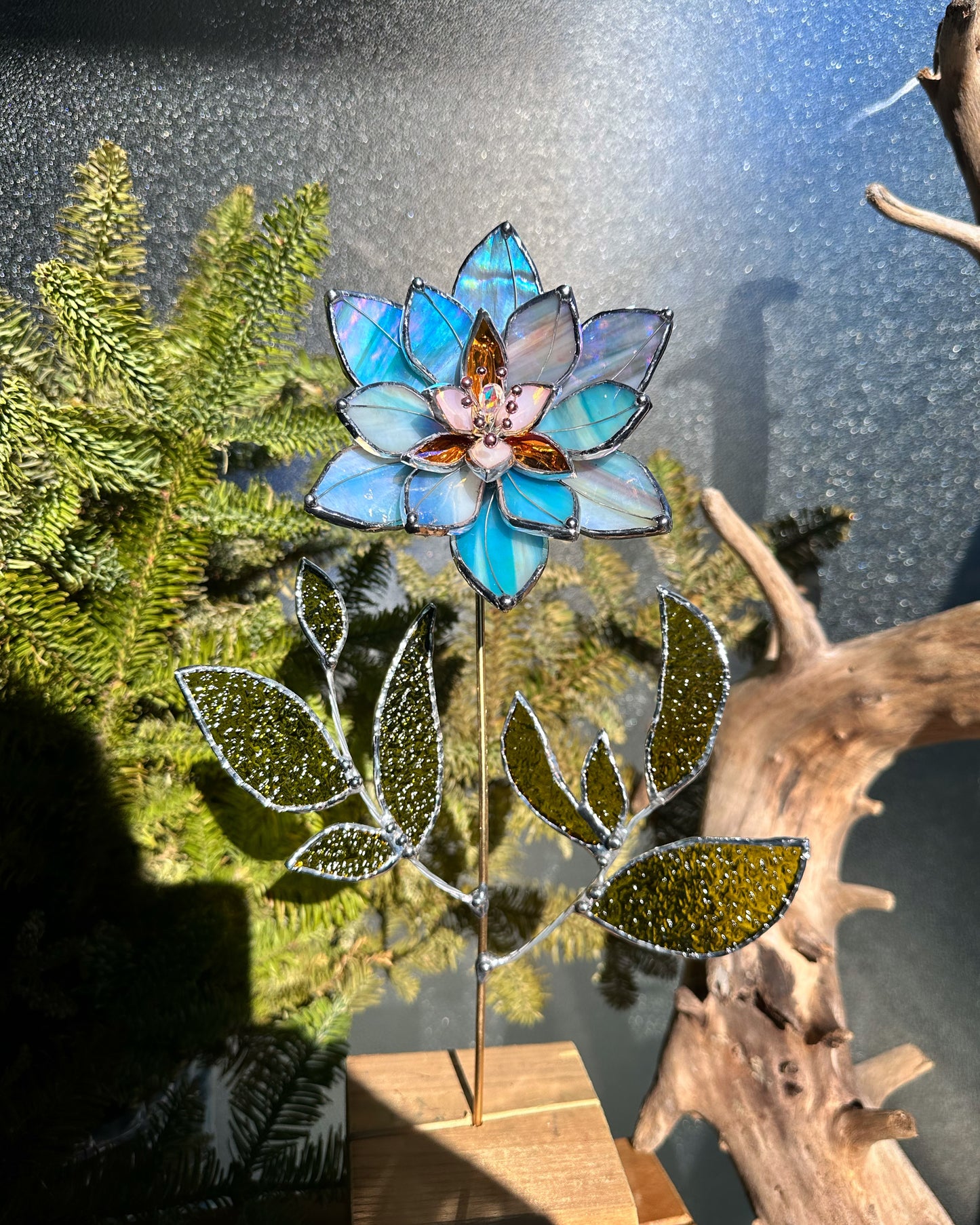 ".Lily Sky Blue & Lavender iridescent " Stained glass tropical flower 3D, Sun catcher, Table plant decor, Garden stake, wedding decor, Christmas gift