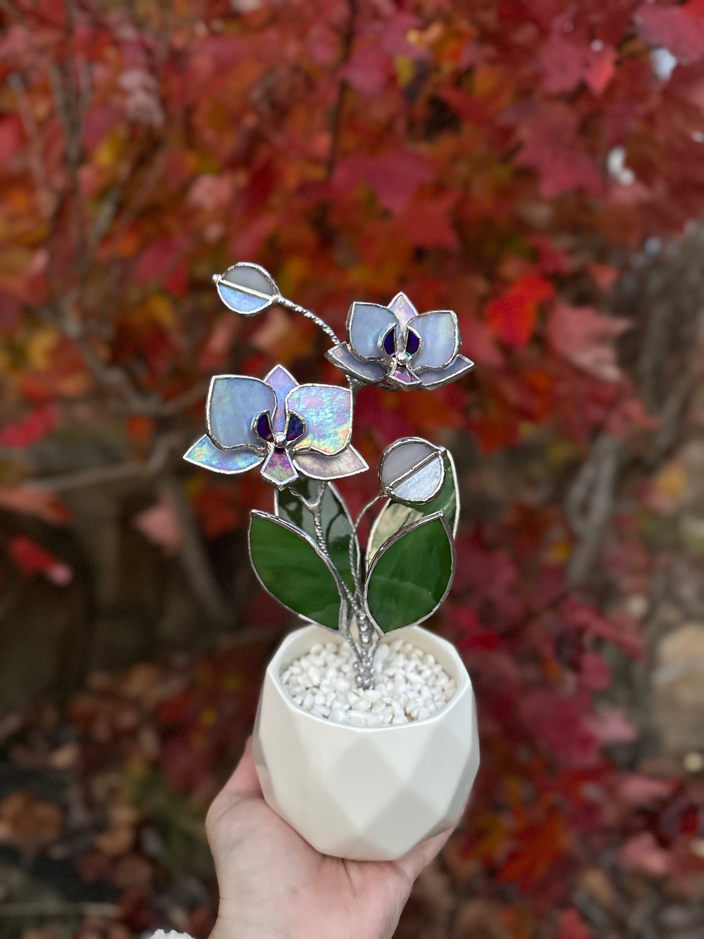 " . Lavender iridescent Orchid 2 flowers with pot” Stained glass tropical flower 3D, Sun catcher, Table plant decor, Garden stick, Outdoor and gardening decor