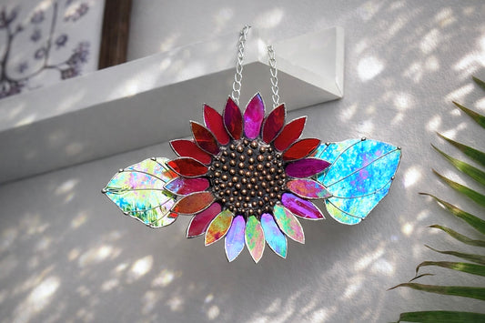 "  . Sunflower Red iridescent", stained glass wall decor, tropical flower 3D, Sun catcher, Plant decor