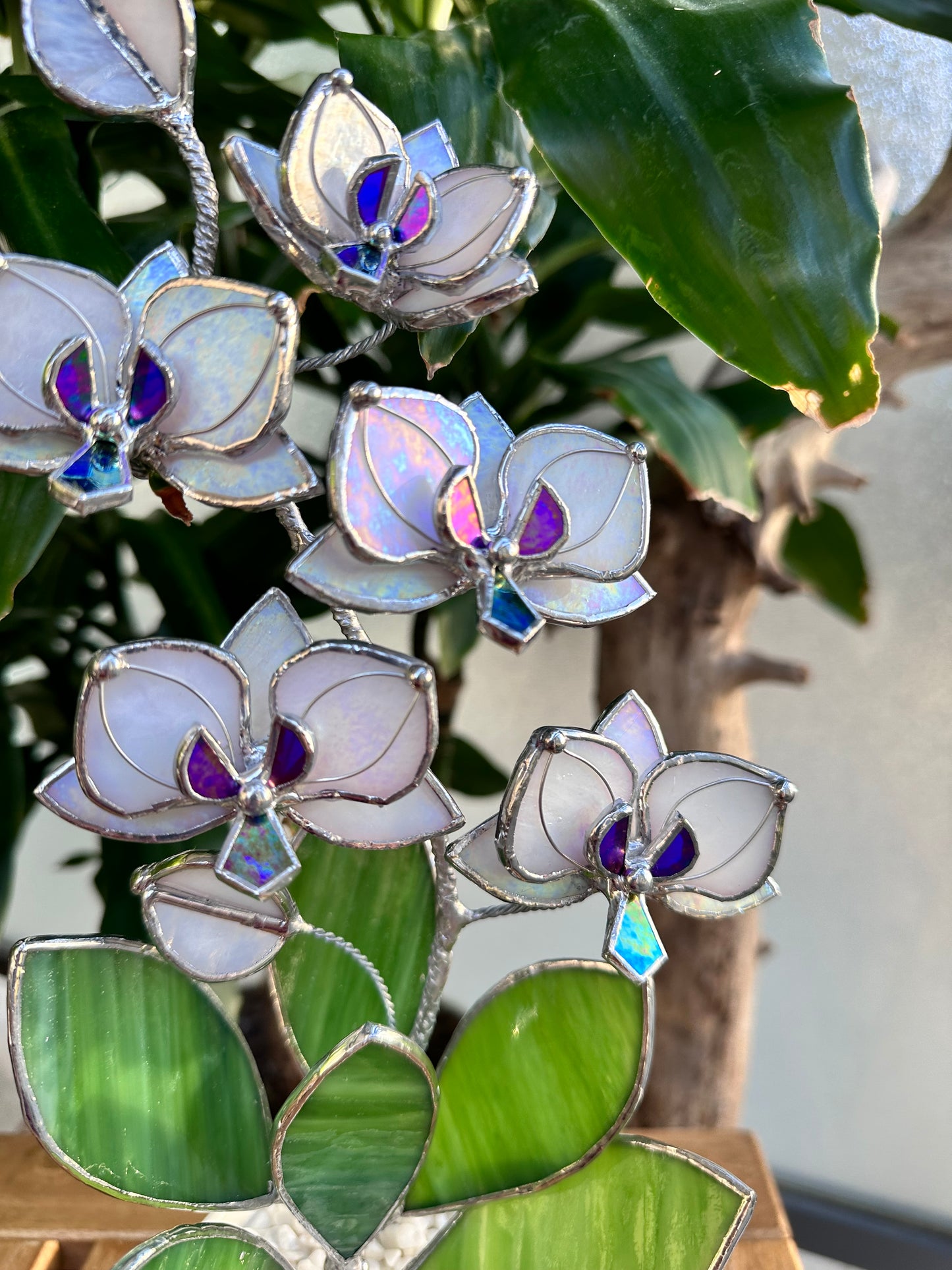 " . Orchid М Pearl White, 5 flowers with pot”, Stained glass tropical flower 3D, Sun catcher, Table plant, Garden stick, Outdoor and gardening decor