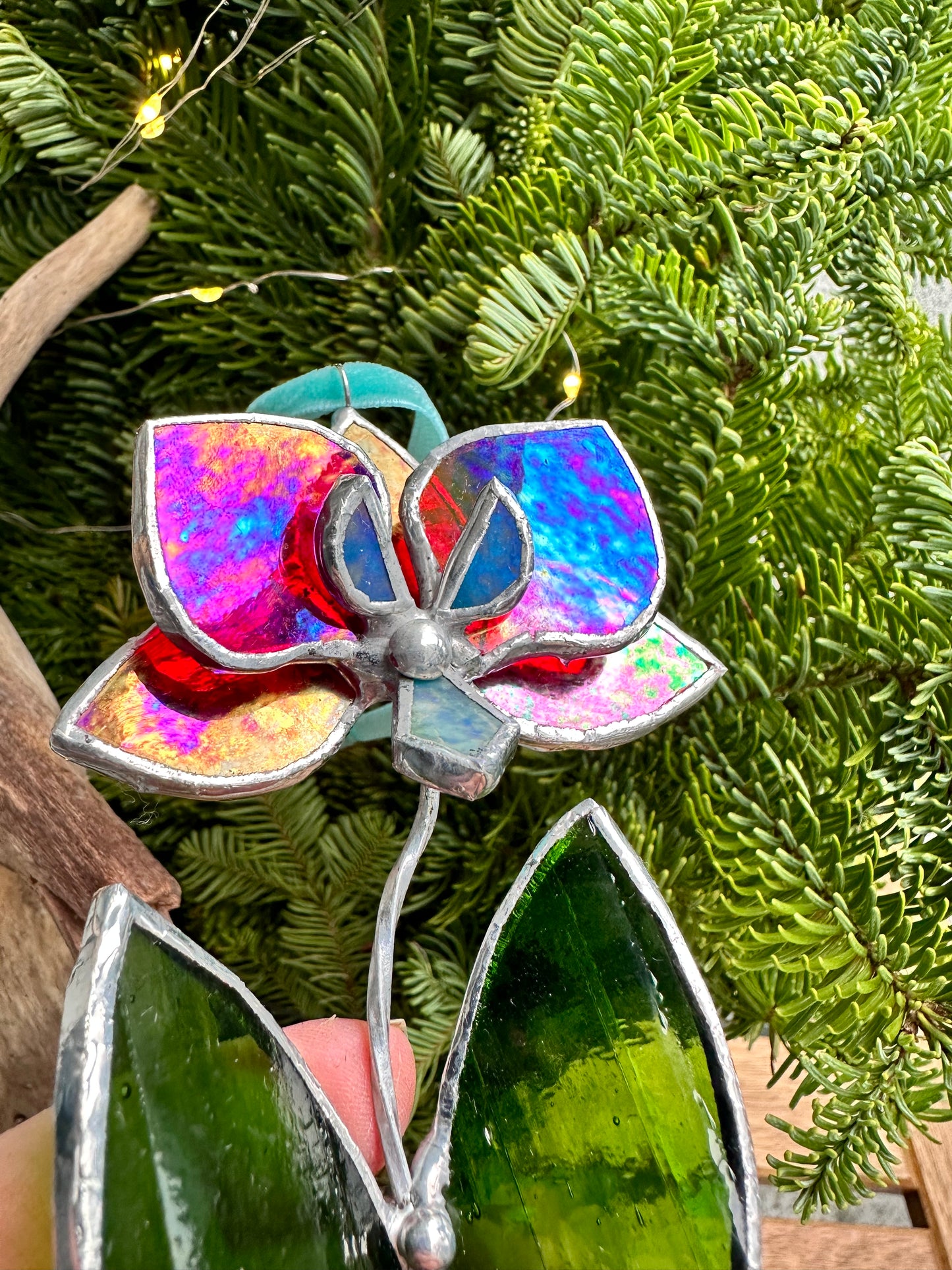 Christmas tree ornament Orchid Red iridescent. Set of 1, 3, 5, 7, 10. Stained glass Wall window decor, holiday decorations, lights