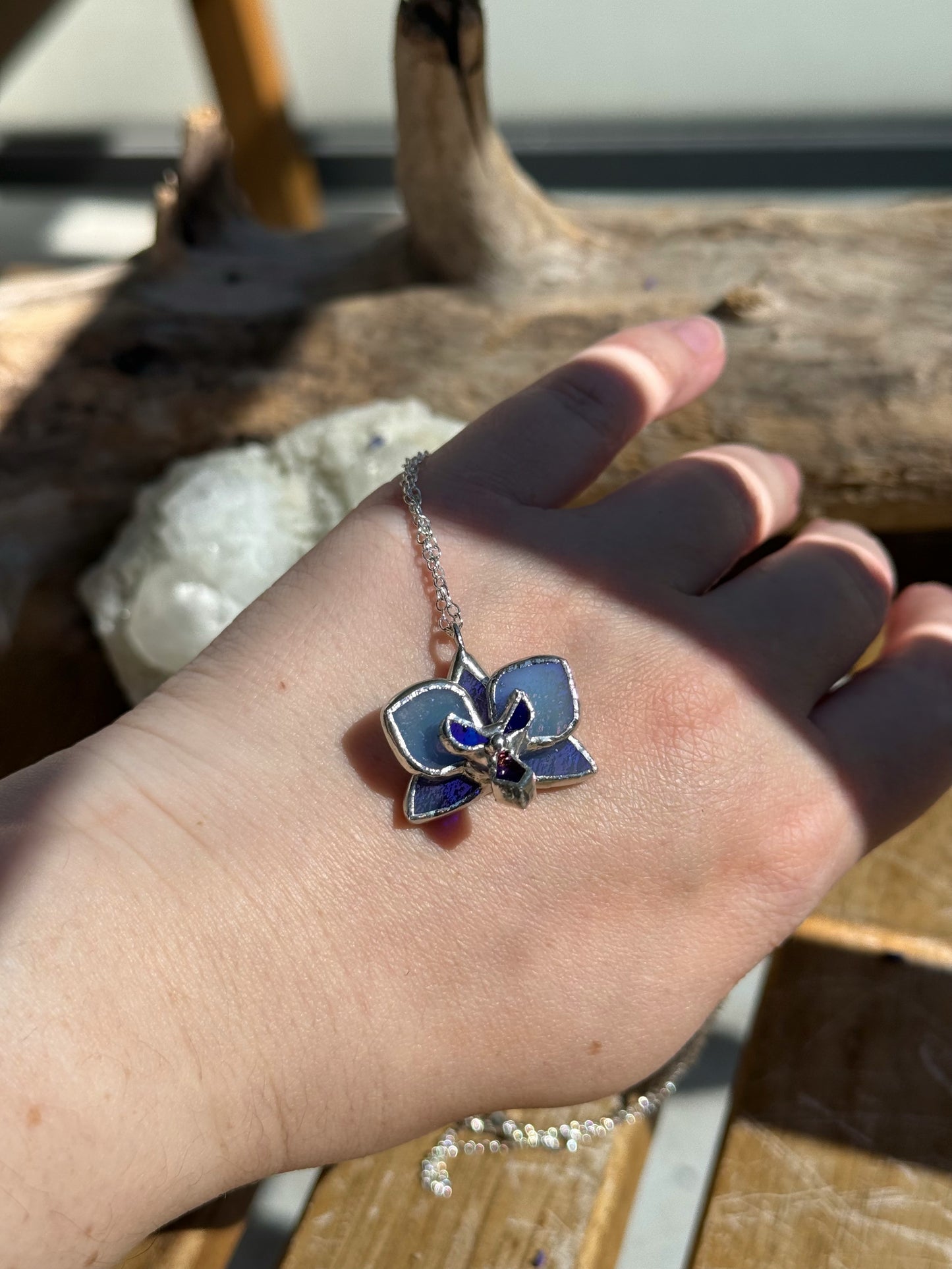 Blue lavender Orchid Irid, Stained Glass Necklace Handmade Botanical Jewelry
