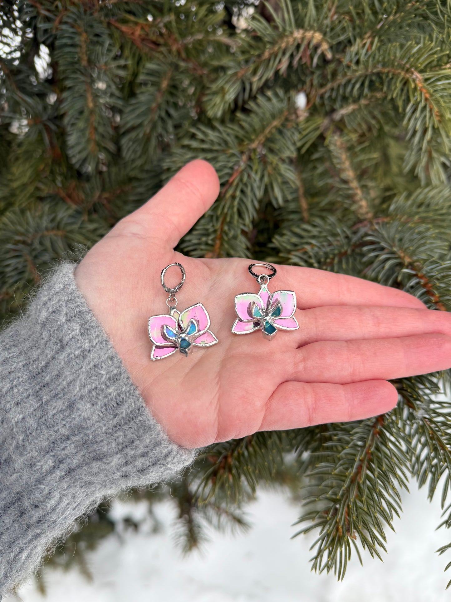 " . Earrings Orchid Candy Pink iridescent ” Stained glass tropical flower 3D, art jewelry necklace ring