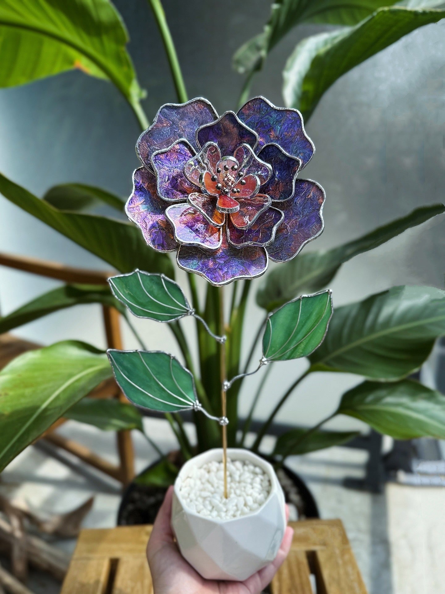 .Multicolor Peony Stained glass flower 3D Botanical Table Plant Decor new