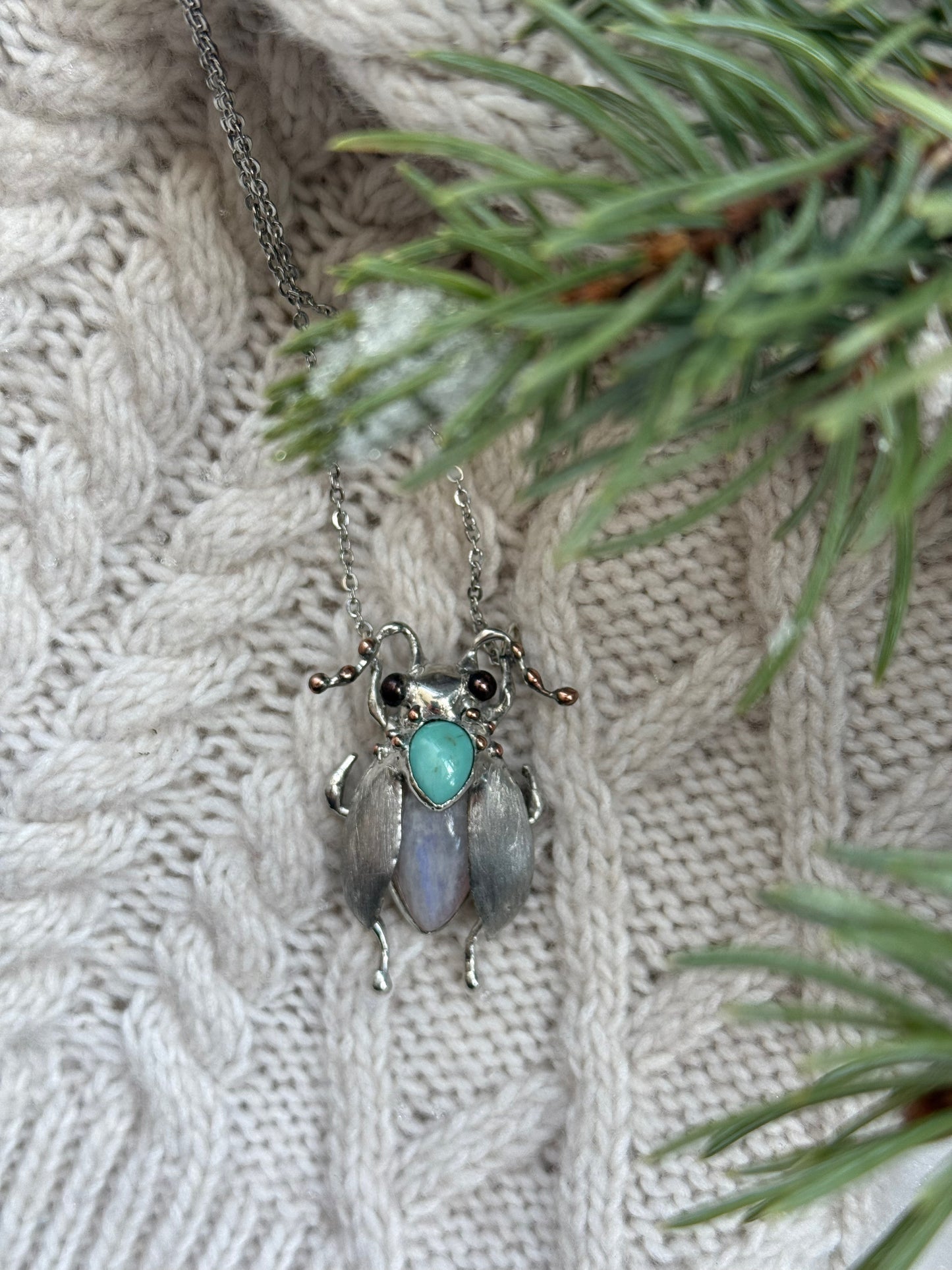 " . Bug necklace Moon Cicada with Blue Turquoise & Moonstone”, art jewelry pendant 3D wedding jewelry Mother’s Day gift