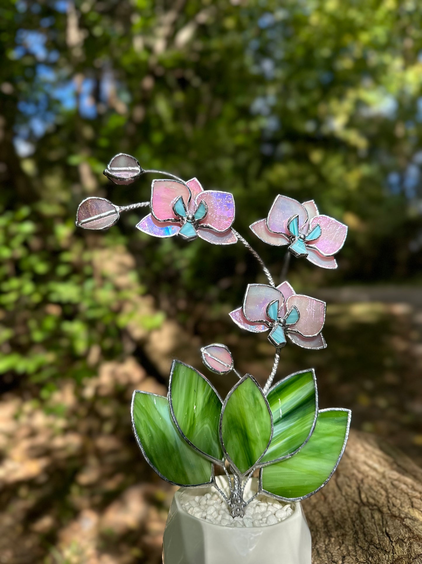 " . Candy Pink iridescent Orchid 3 flowers with pot” Stained glass tropical flower 3D, Sun catcher, Table plant, Garden stick, Outdoor and gardening decor