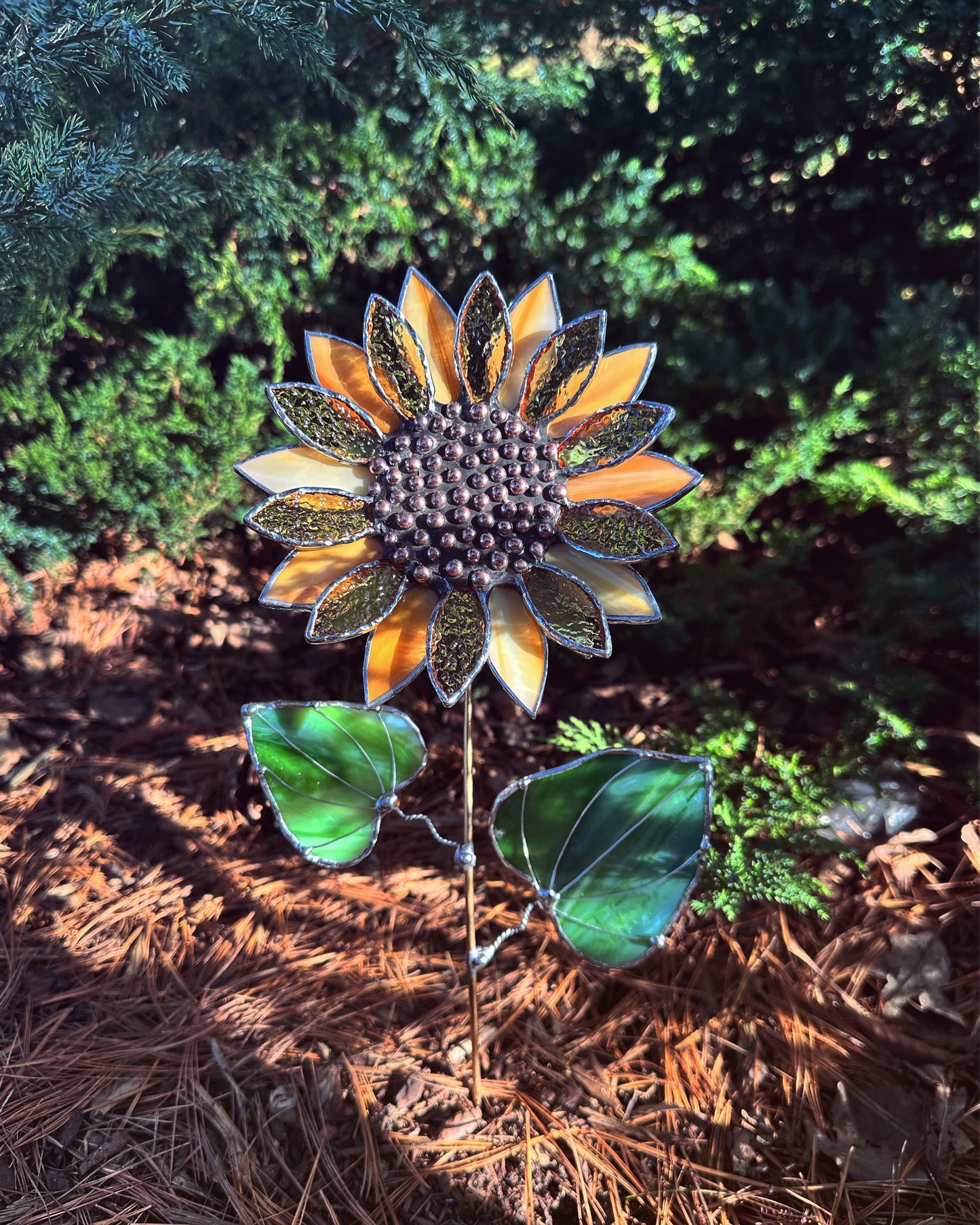 ".Sunflower Light Amber", stained glass tropical flower 3D, Sun catcher, Table plant decor, Garden stake, Outdoor and gardening, wedding Christmas gift