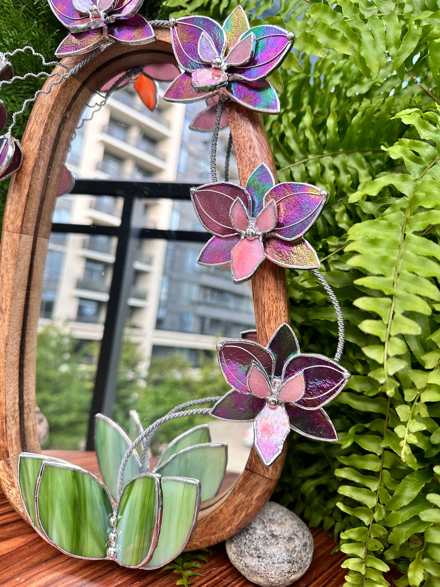 " . Butterfly Mauve iridescent Orchid Mirror”, Stained glass flower Wall decor, Suncatcher, Home wedding Decor, Christmas gift, available