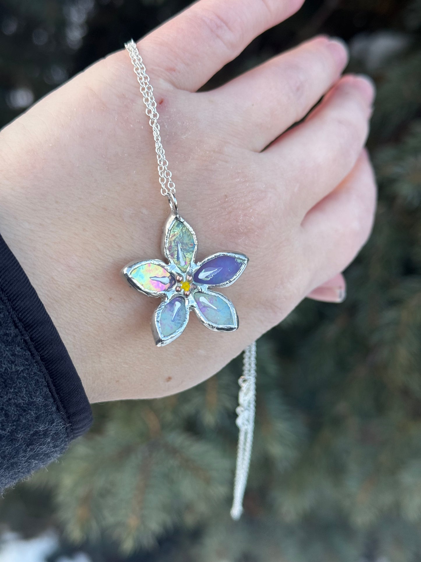 " . Necklace Forget Me Not flower Lavender iridescent Stained glass , Modern art, jewelry